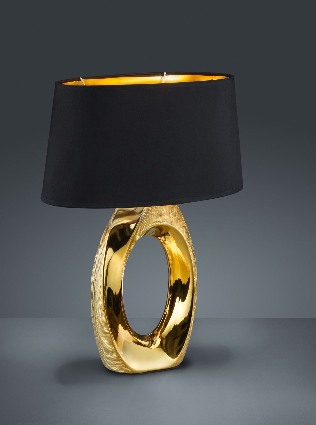 TRIO Leuchten 1 Tischlampe »Taba«, Nachttischlampe, golfarbig, Stoffschirm flammig-flammig, OTTO in schwarz/gold bei Schreibtischlampe