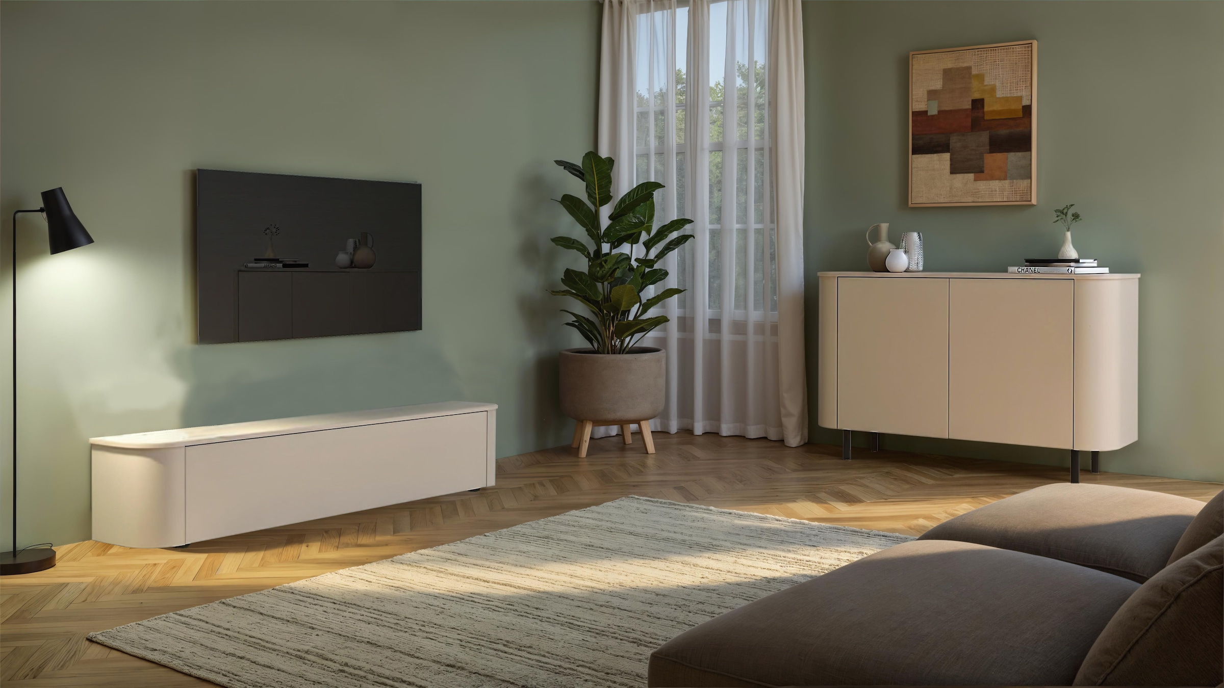 INOSIGN Lowboard »Lido, 181 cm breit, 1 Klappe, TV-Schrank, TV-Kommode, Medienboard« Formgebogenes MDF, Stirnseiten Rundung, Push-to-open, hängend/stehend