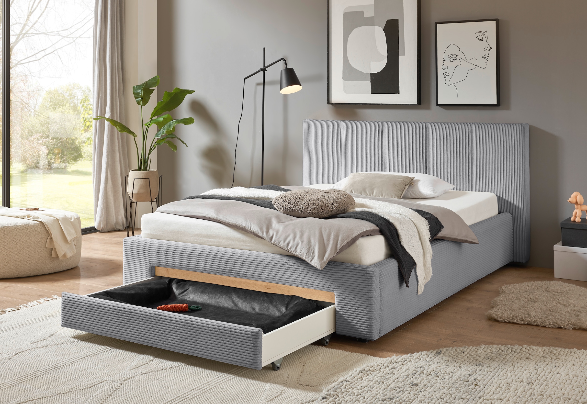 INOSIGN Polsterbett »CiTY/GiRON, Bettgestell mit Bettkasten, gepolstertes Stauraumbett«, mit Hundebett oder Stauraumschublade, Bezug Cord-oder Leinenoptik
