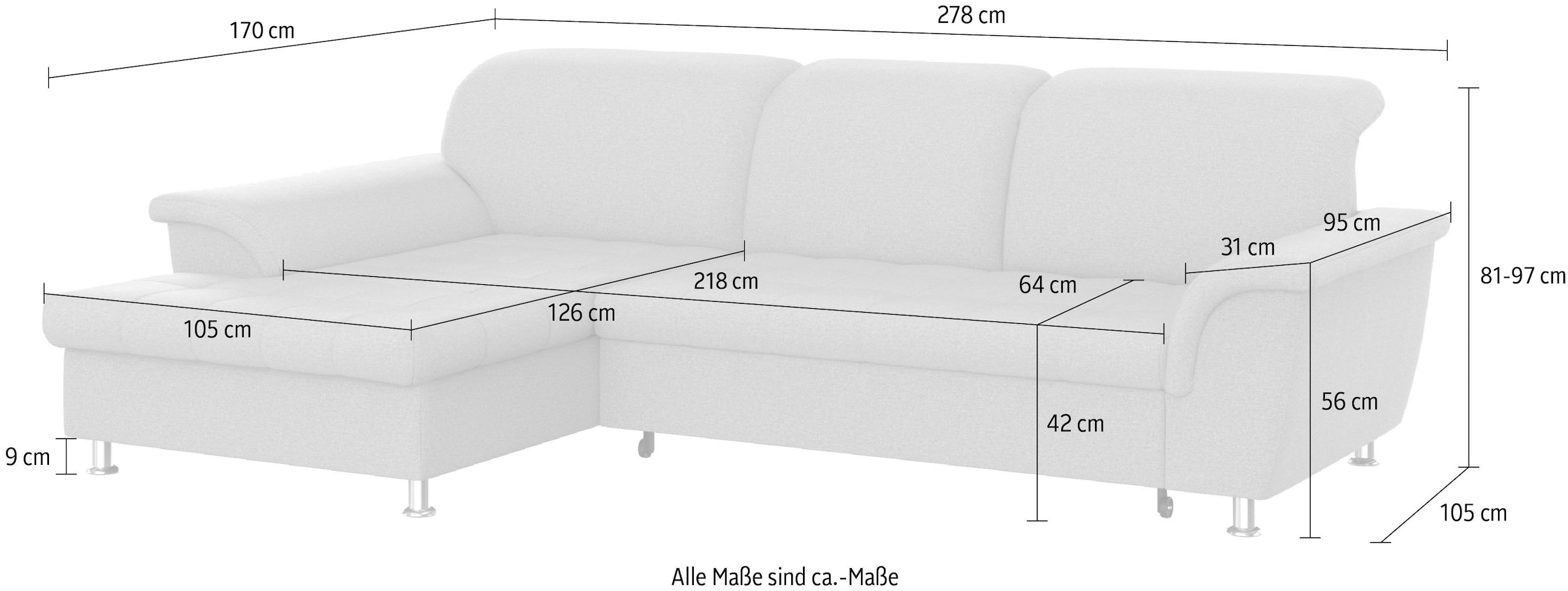 DOMO collection Ecksofa »FRANZI 278x170x81 cm, Steppung im Sitzbereich, L-Form« wahlweise mit Bettfunktion, Bettkasten und Kopfteilverstellung