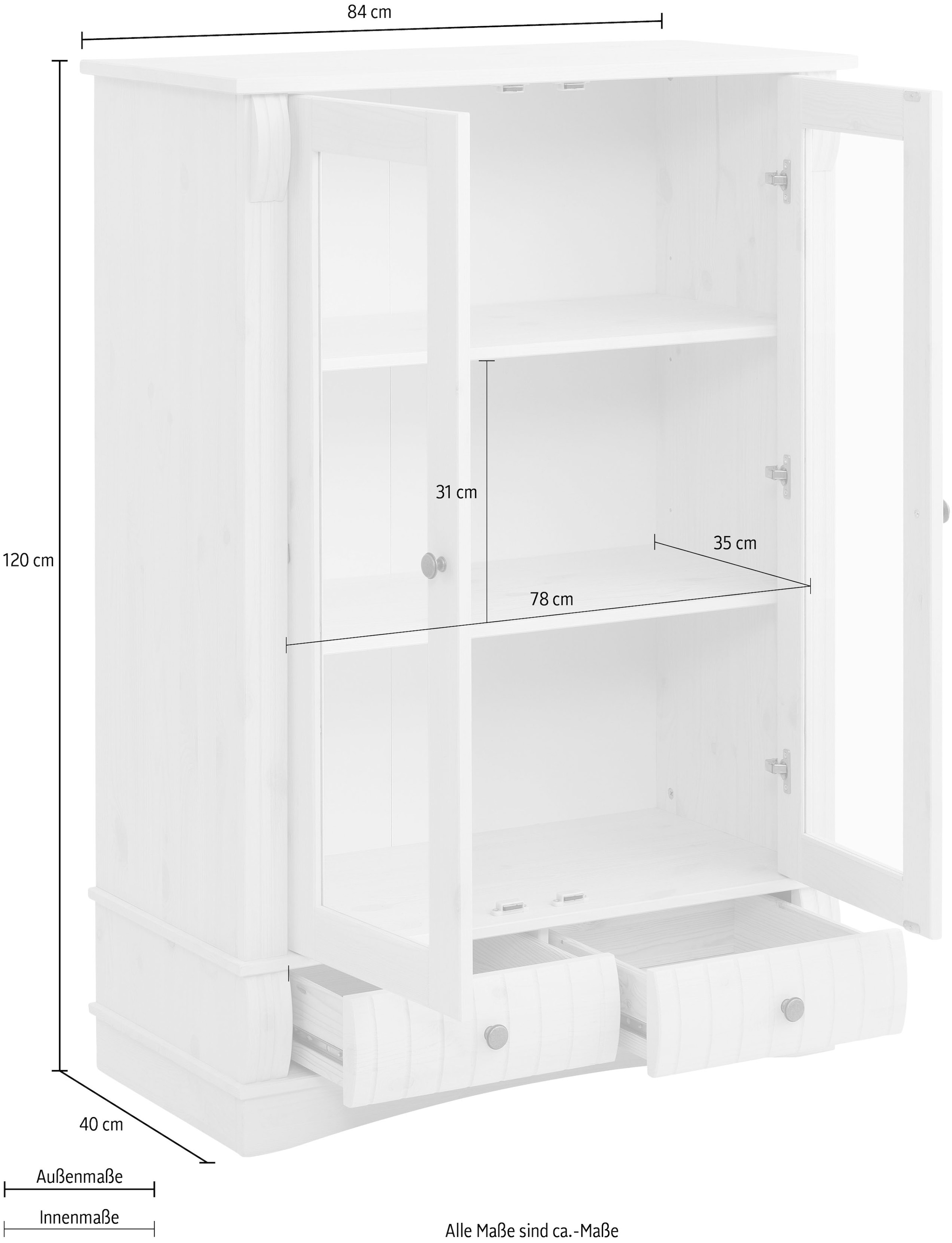 Home affaire Vitrine »Teresa«, mit 2 Glastüren und 2 Schubladen, Höhe 120 cm, aus Massivholz