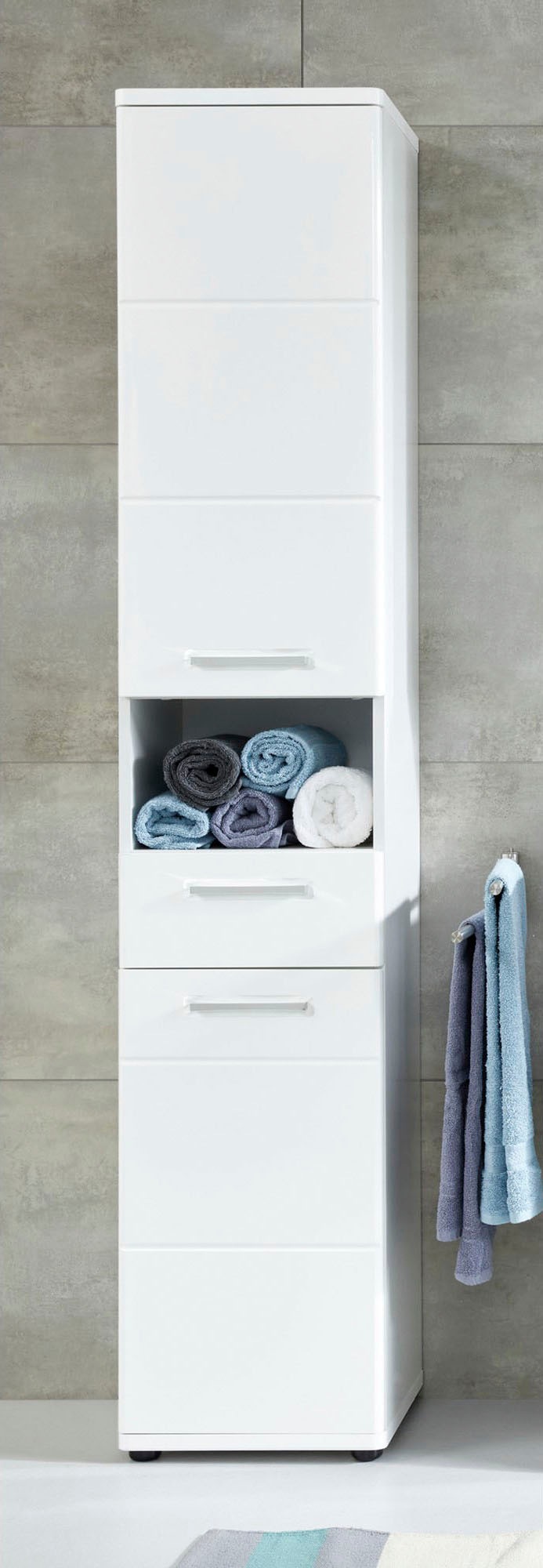 welltime Hochschrank »Mora«, Weißer Badschrank mit Schublade und 2 Türen - (B/T/H) 37/34/189 cm