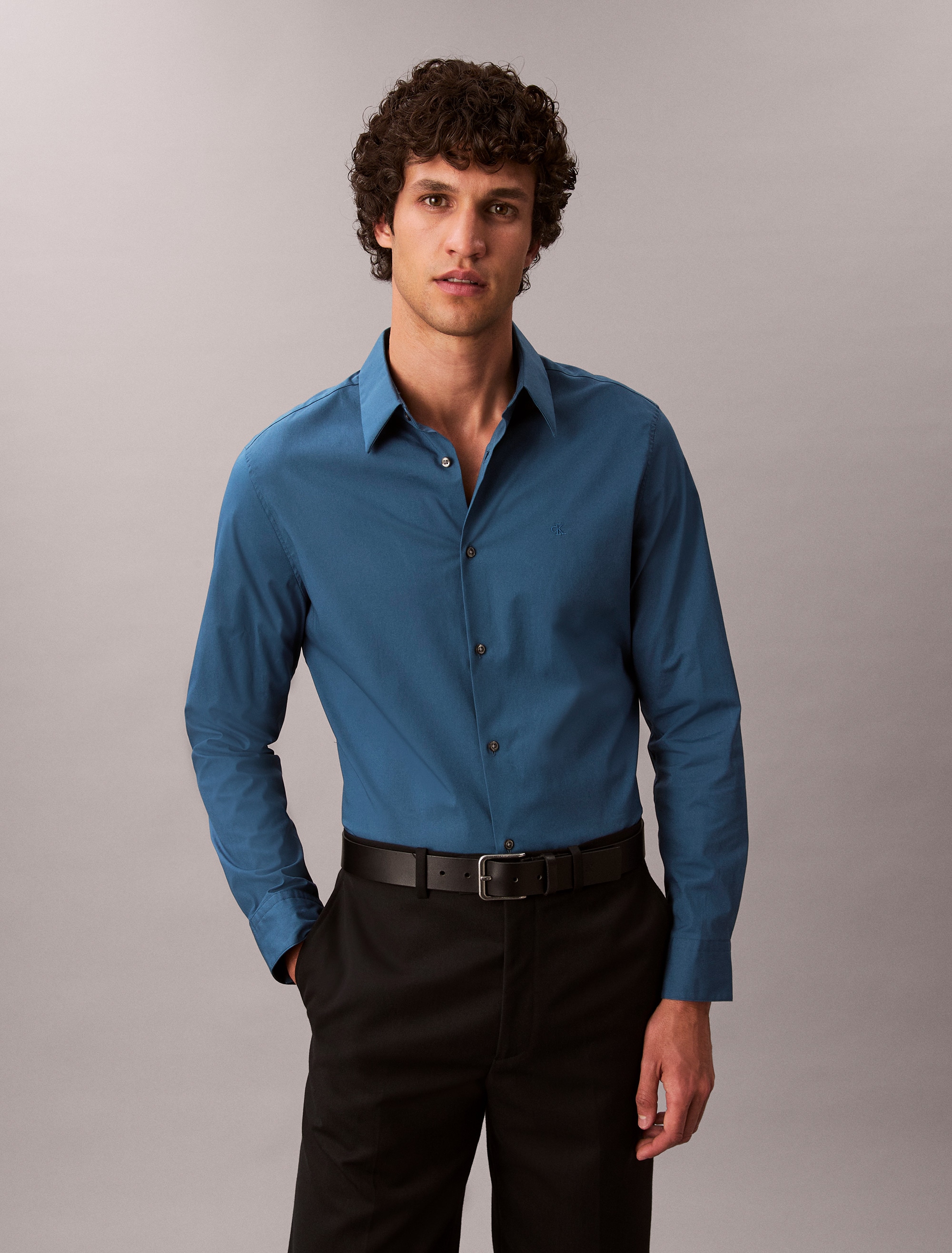 Calvin Klein Herren Langarmhemd »LONG SLEEVE SOLID STRETCH SLIM SHIRT« slim fit in blau, Größe S