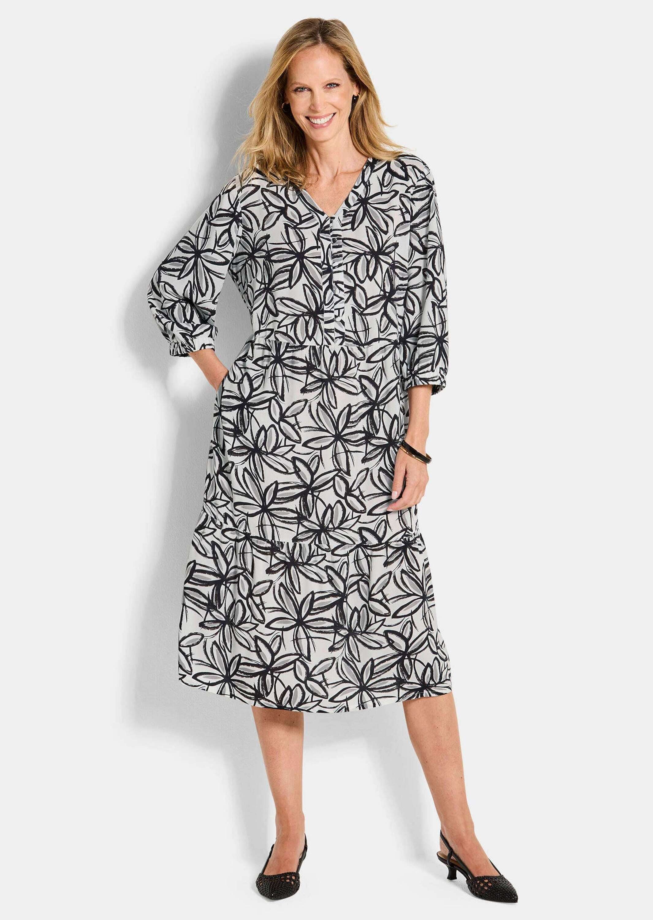 GOLDNER Druckkleid »Kurzgröße Viskose-Kleid mit V-Ausschnitt«