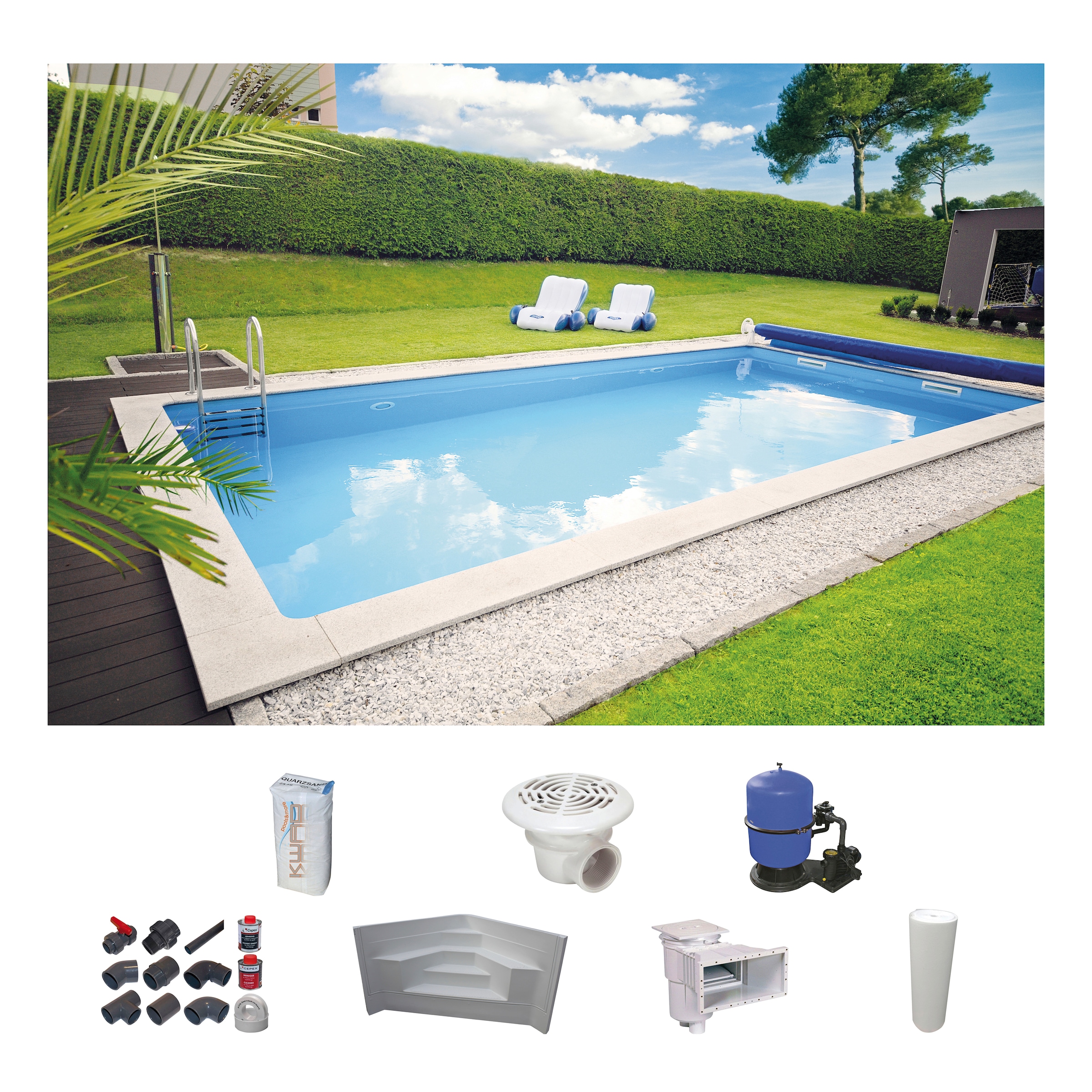 Rechteckpool »mit Ecktreppe«, (Set), 8x4, 7x3,5 oder 6x3m Höhe: 1,50m, mit Foliensack...