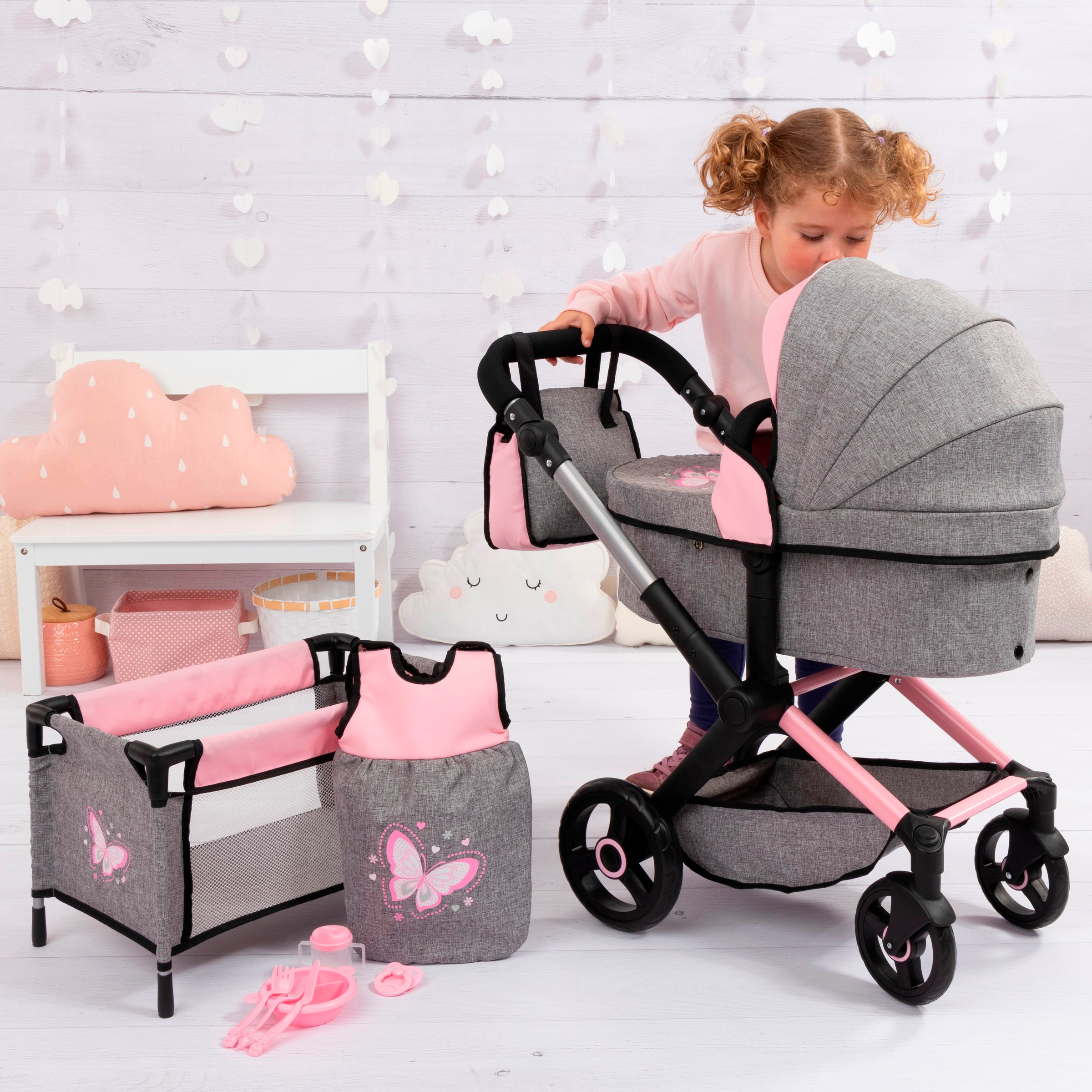 Bayer Kombi-Puppenwagen »Xeo Mega, grau/rosa«, (Set)