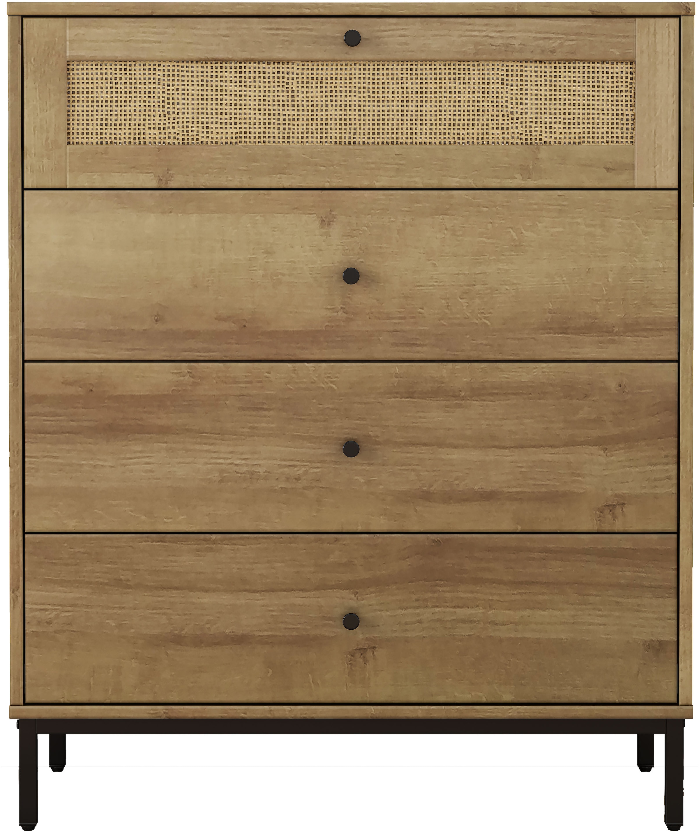 OTTO home Kombikommode »Motala Sideboard Wäscheschrank im BOHO Design Bestseller Kommode« Eichen-Design mit Geflecht Schublade und schwarzen Griffen,  Schrank Schlafzimmer mit 4 Schubladen hochwertig