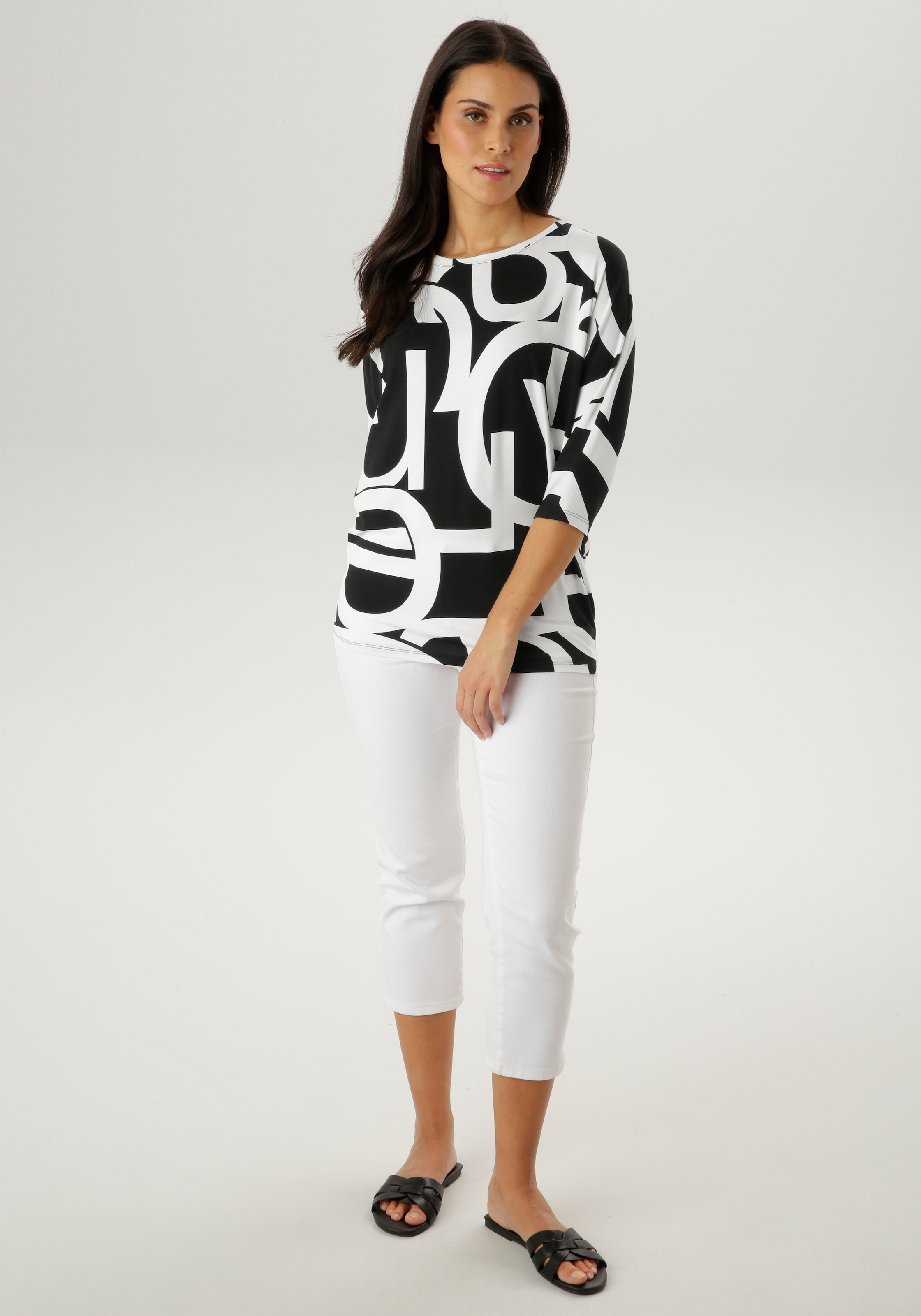 Aniston SELECTED 3/4-Arm-Shirt mit Grafikdruck und großflächigem Buchstabenmuster - NEUE KOLLEKTION