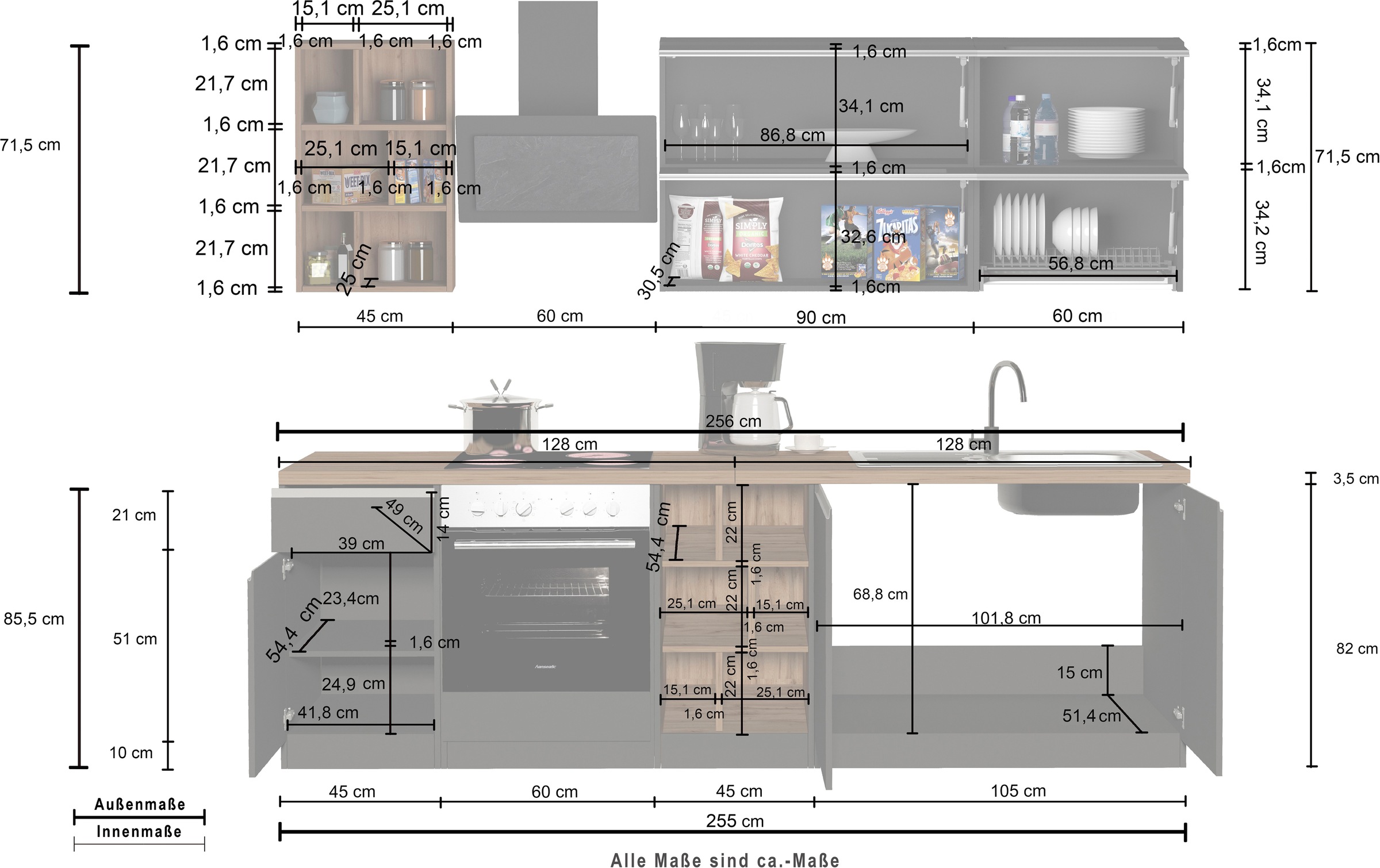 KOCHSTATION Küchenzeile »KS-Sole«, Breite 256 cm, Hängeregal, Geschirrabtropfschrank, ohne E-Geräte
