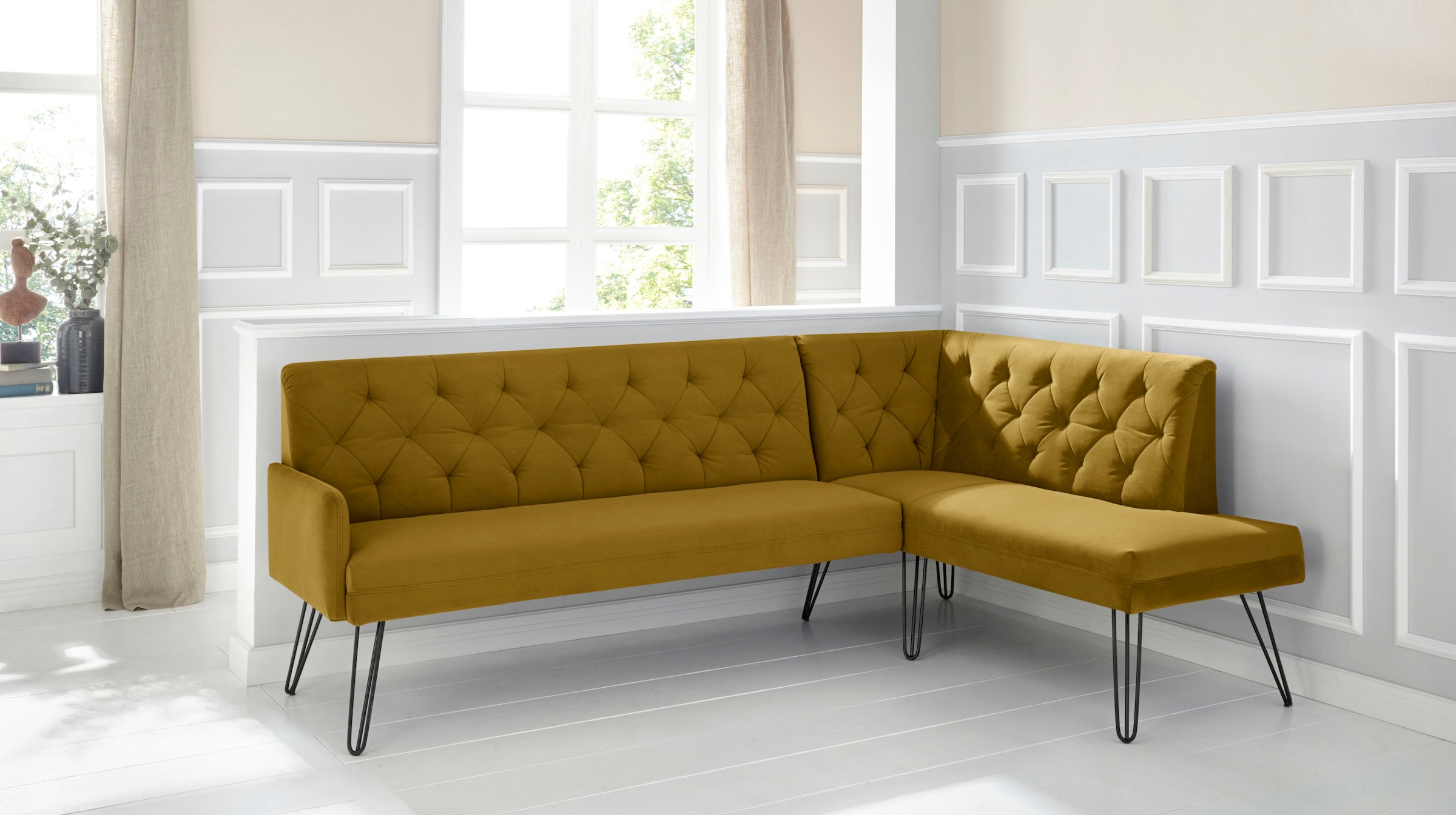 exxpo - sofa fashion Eckbank »Doppio, Chesterfield Optik, komfortabel und bequem, hohe Designfüße«, Frei im Raum stellbar