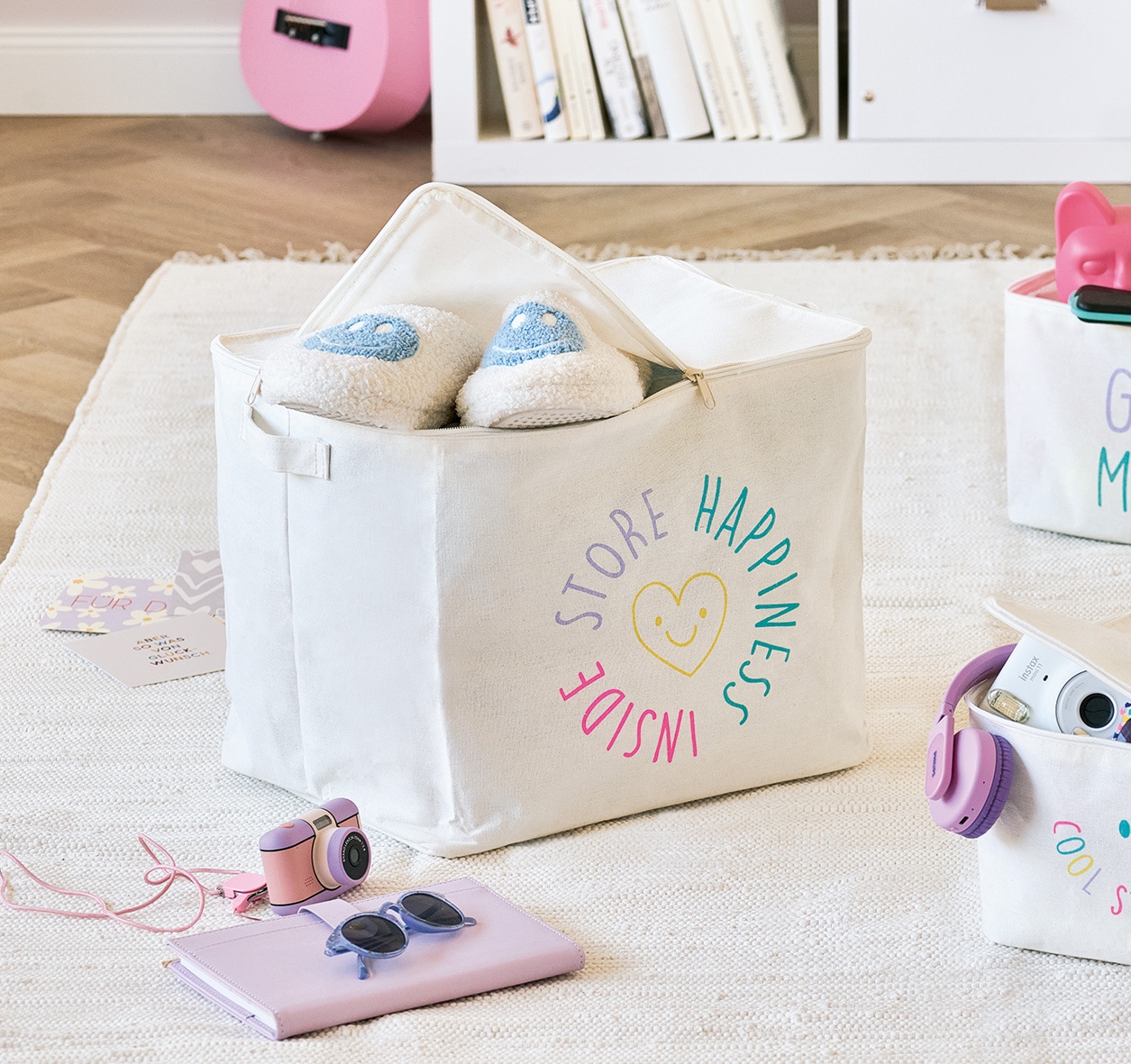 Zeller Present Aufbewahrungsbox »Aufbewahrungsbox, Polyester/Baumwolle, creme« mit Reißverschluss "Happiness", 2er Set, ca. 39x29x30 cm