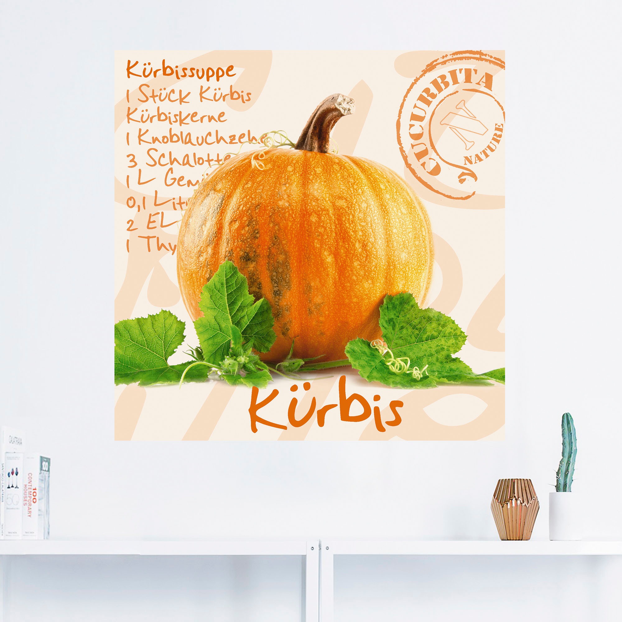 Artland Wandbild »Gelber Kürbis mit grünen Blättern«, Lebensmittel, (1 St.), als Poster, Wandaufkleber in verschied. Größen