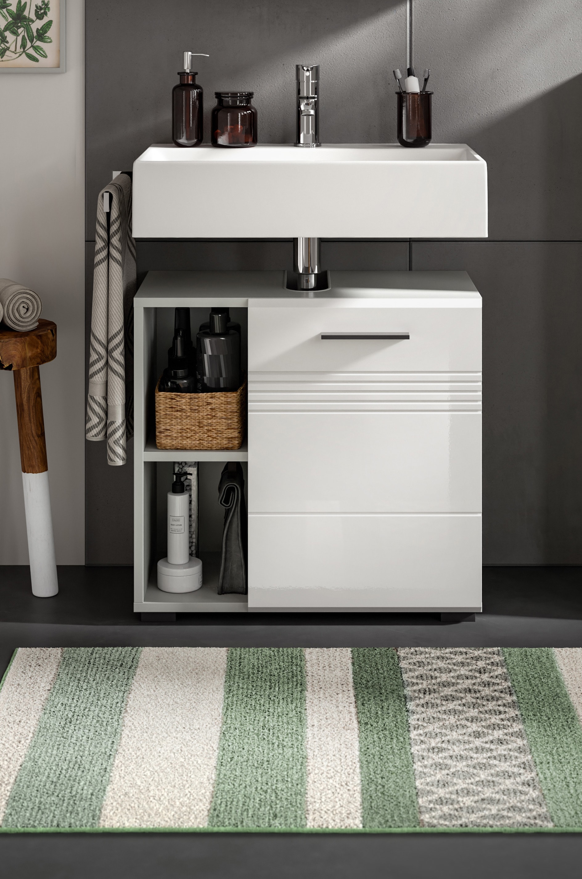 welltime Waschbeckenunterschrank »Calcio, Breite 60 cm, 1 Türen, 2 Einlegeböden, 2 offene Fächer«, geteilte Rückwand, MDF Front, Badschrank, Bad-Möbel, Badezimmer