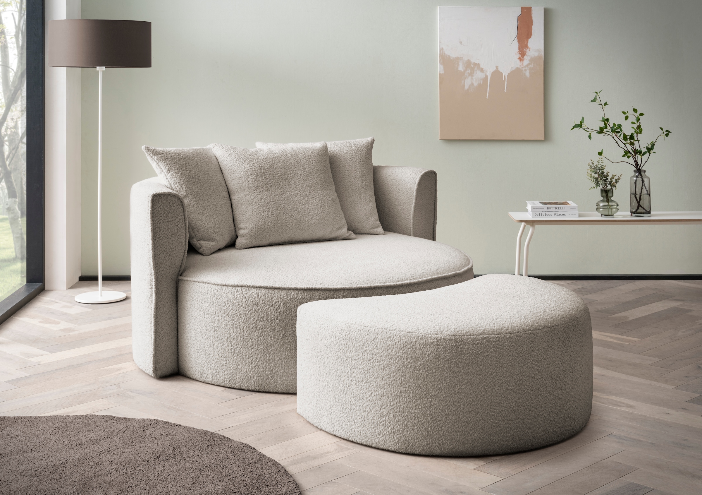 LeGer Home by Lena Gercke XXL-Sessel »ISALIE, Rundsessel mit Hocker, Lesesessel, Loveseat, Big-Sessel«, (Set), trendige Stoffe, mit 3 Zierkissen, große Sitzfläche