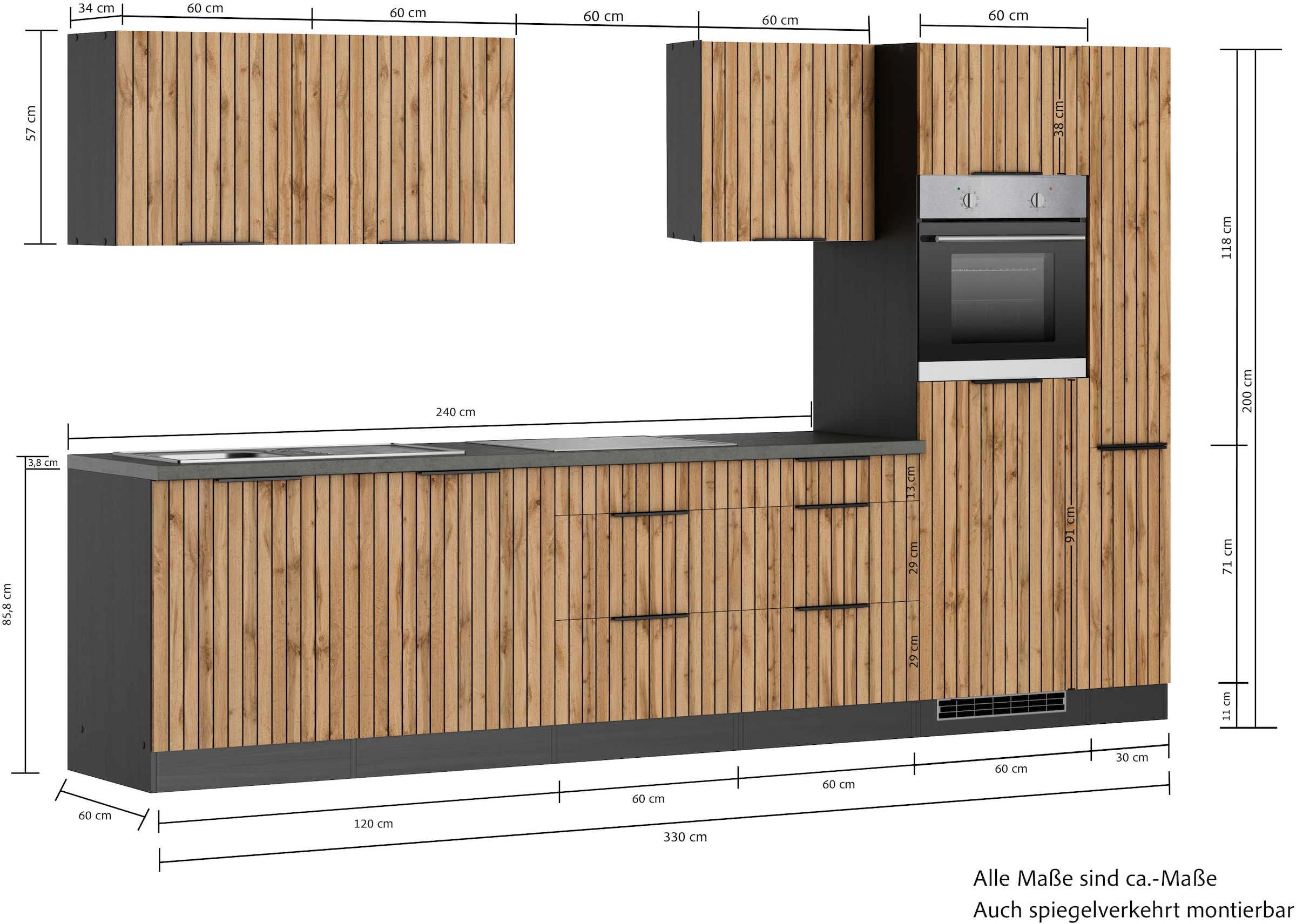 KOCHSTATION Küchenzeile »KS-Lagos, wahlweise mit E-Geräten, Spüle edelstahl oder schwarz« Breite 330cm, Ceran-oder Induktionskochfeld,mit oder ohne Kühlschrank