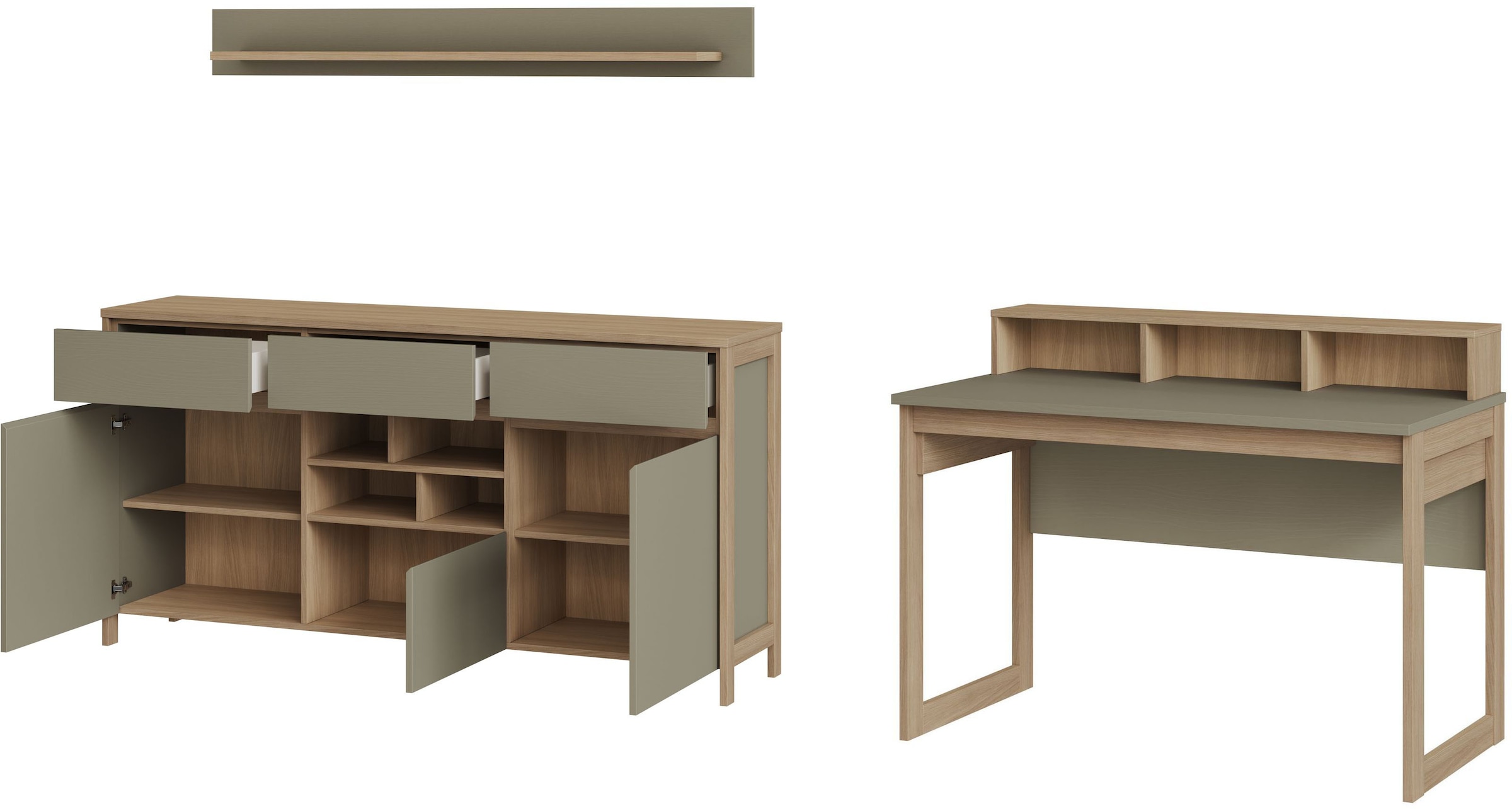 Home affaire Büromöbel-Set »Stranda im Scandi-Style, Home Office, Büro in zwei Farben verfügbar«, (3 tlg.), enthält Schreibtisch, Sideboard und Wandboard