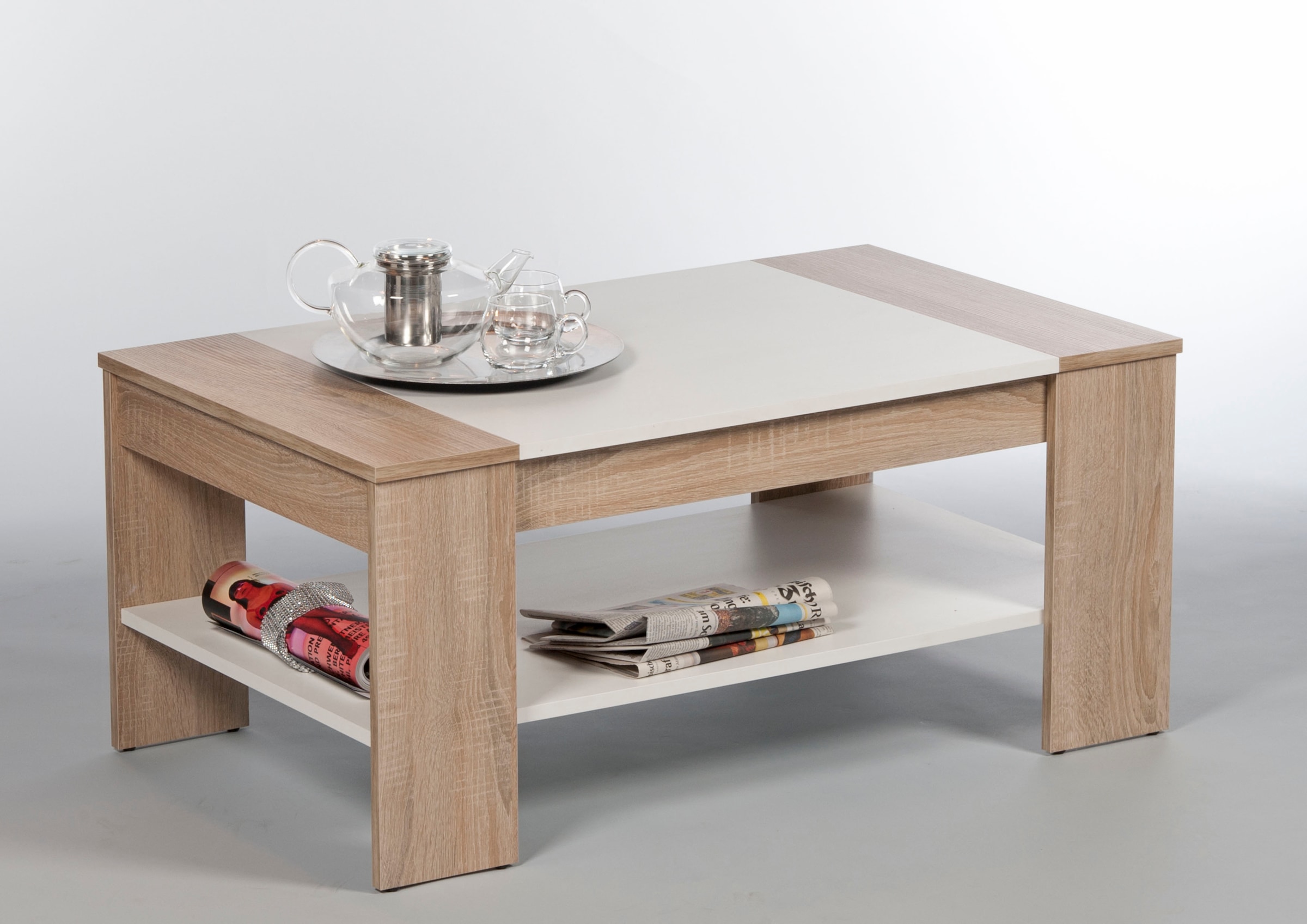Stolkom Couchtisch »Finley mit Ablageboden, Eiche Sonoma Weiß, BxHxT 100x44x58 cm«, (Couchtisch), Schubladenfront mit Lamellen-Optik, Couchtisch rollbar