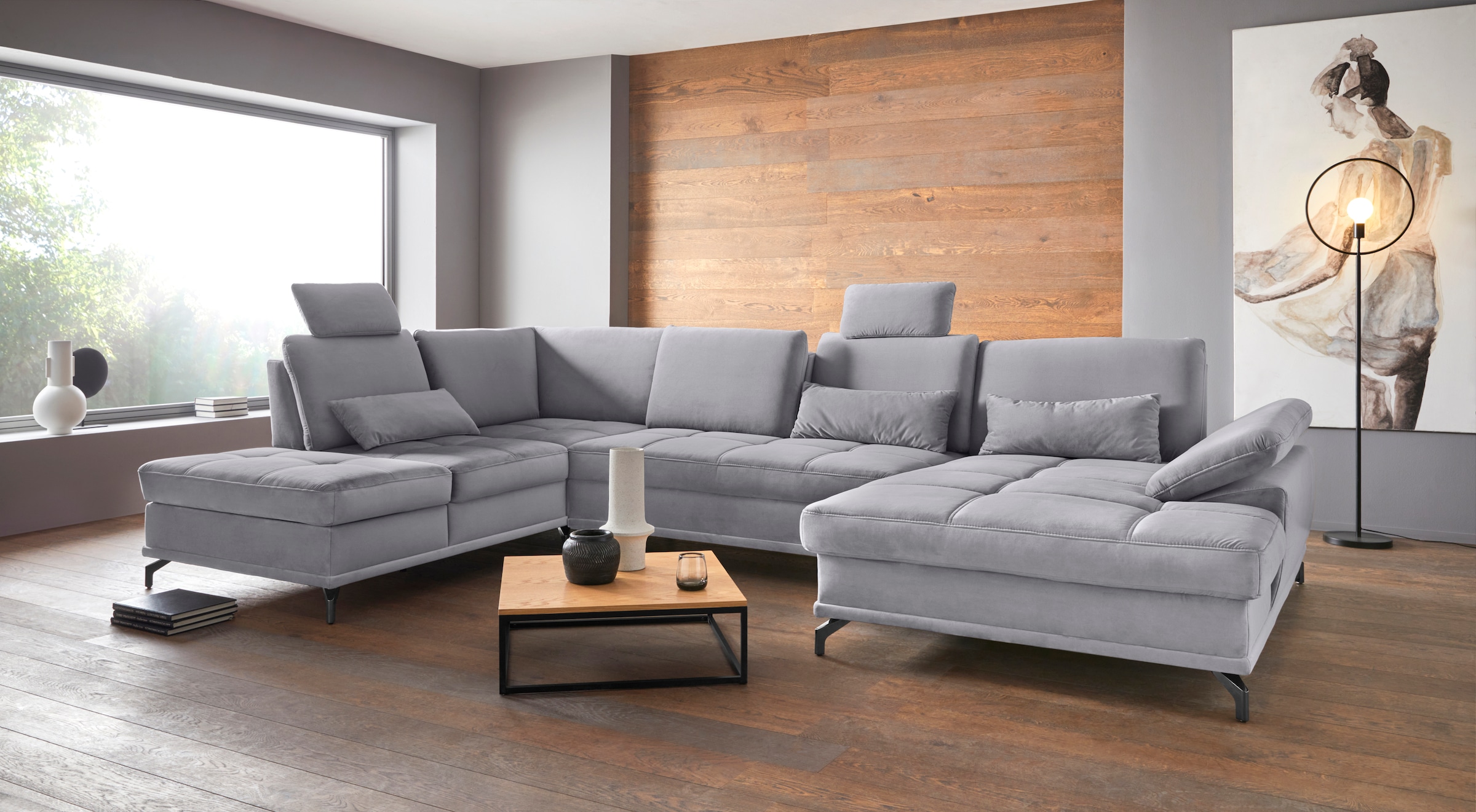 Places of Style Wohnlandschaft »Costello U-Form, mit Sitztiefenverstellung, Armteilverstellung und«, 3 Nierenkissen, optional Bettfunktion und Bettkasten