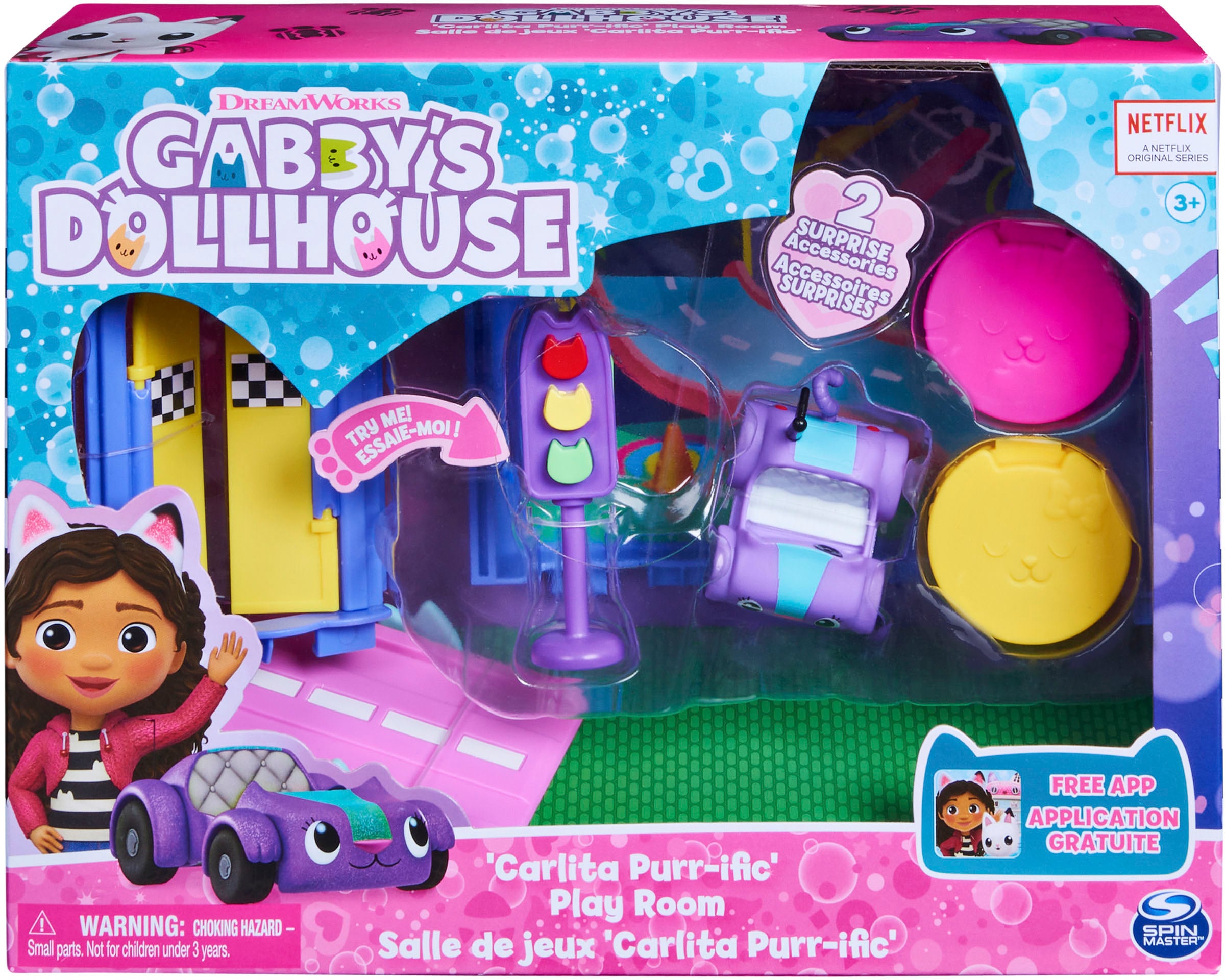 Spin Master Spielwelt »Gabby's Dollhouse – Deluxe Room – Carlita's Spielzimmer«, Spielzimmer mit Carlita Auto, Möbelstücken und thematischem Zubehör