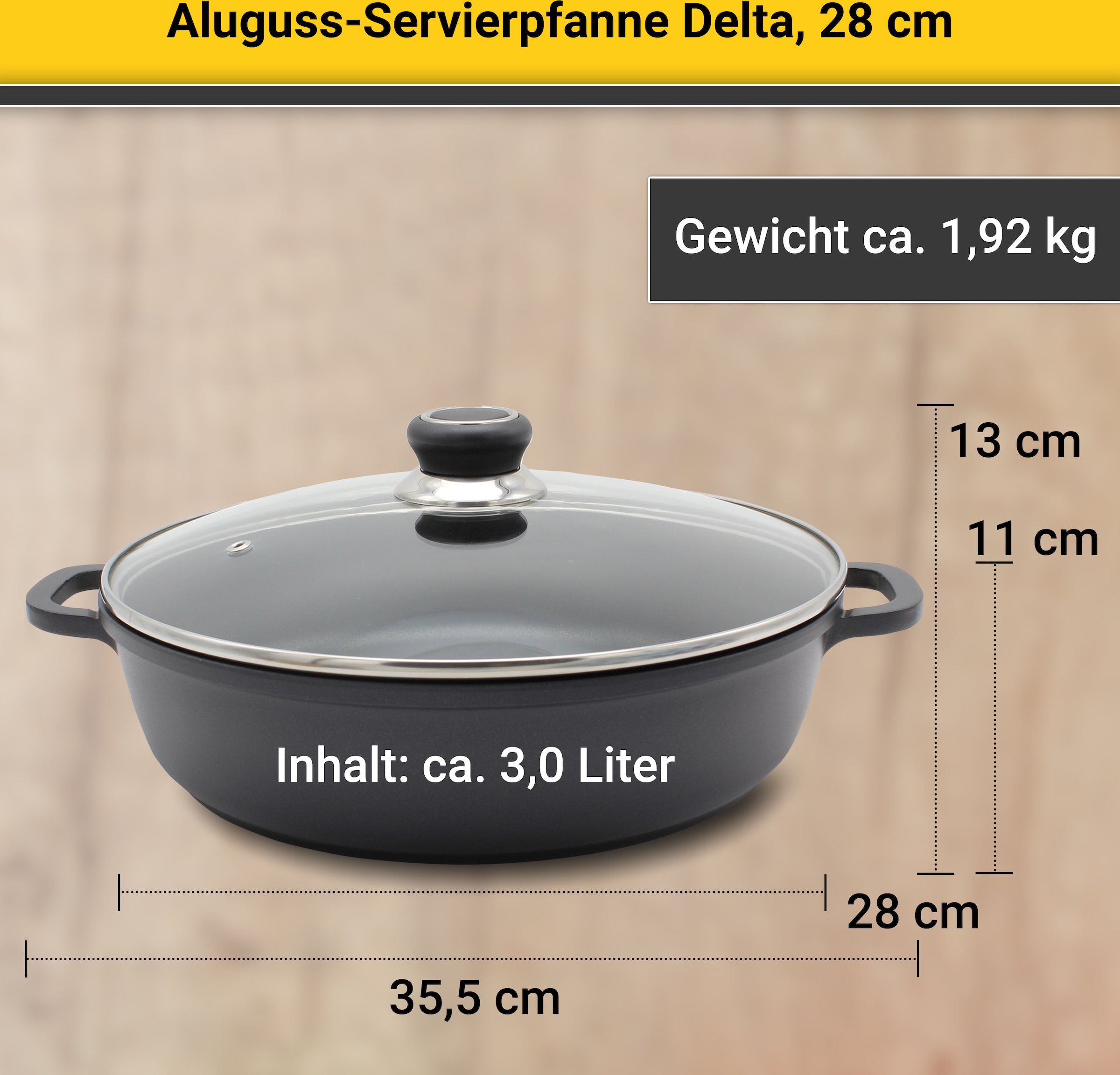 Krüger Servierpfanne »Aluguss Servierpfanne DELTA, 28 cm«, Aluminiumguss, (1 tlg.), für Induktions-Kochfelder geeignet