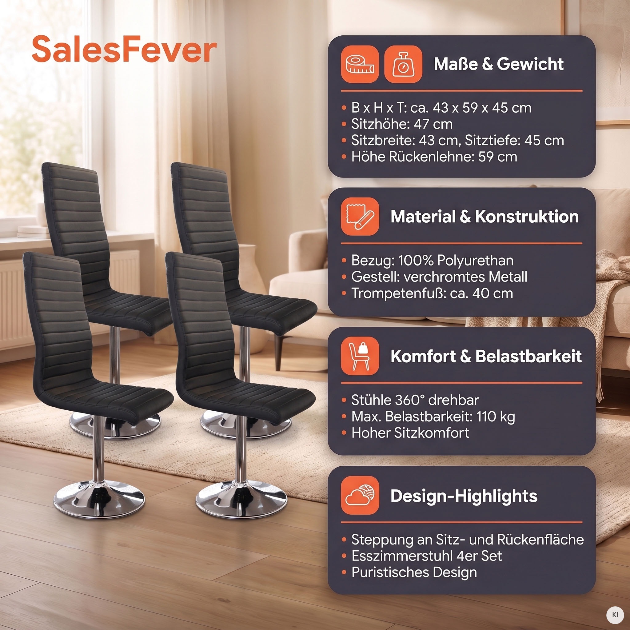 SalesFever Esszimmerstuhl »Komfortabler Armlehnstuhl zum Relaxen« (Set) 4 Stk.mit Drehfunktion