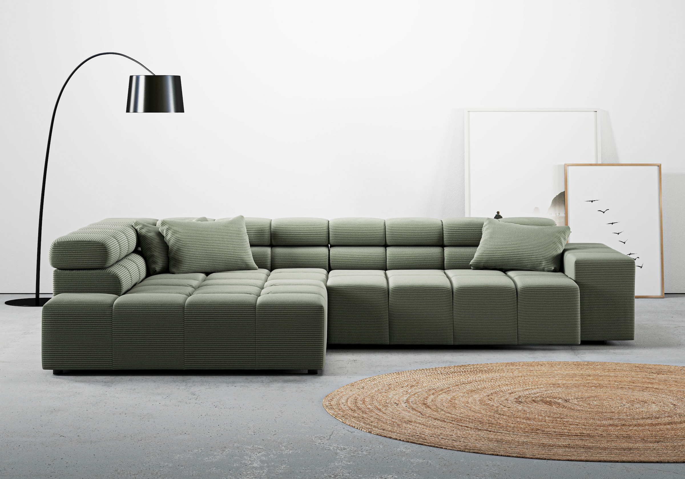 INOSIGN Ecksofa »Ancona incl. Kopfteilverstellung, Zierkissen Breite 319cm, L-Form«, wahlweise motorische Sitztiefenverstellung, auch in Cord + Easy Care