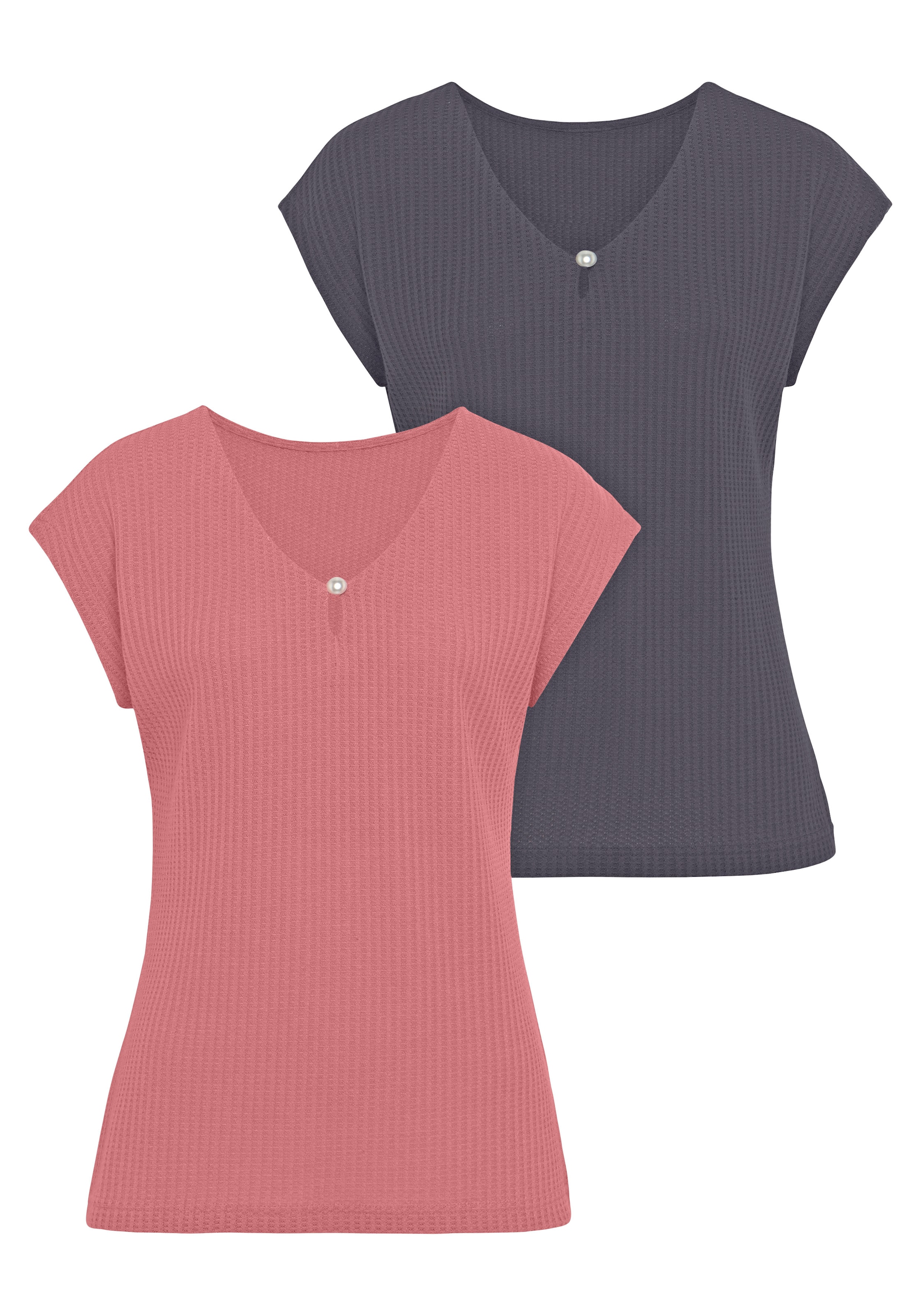 LASCANA Kurzarmshirt »mit Zierperle«, (2er-Pack), aus weicher Piqué-Qualität