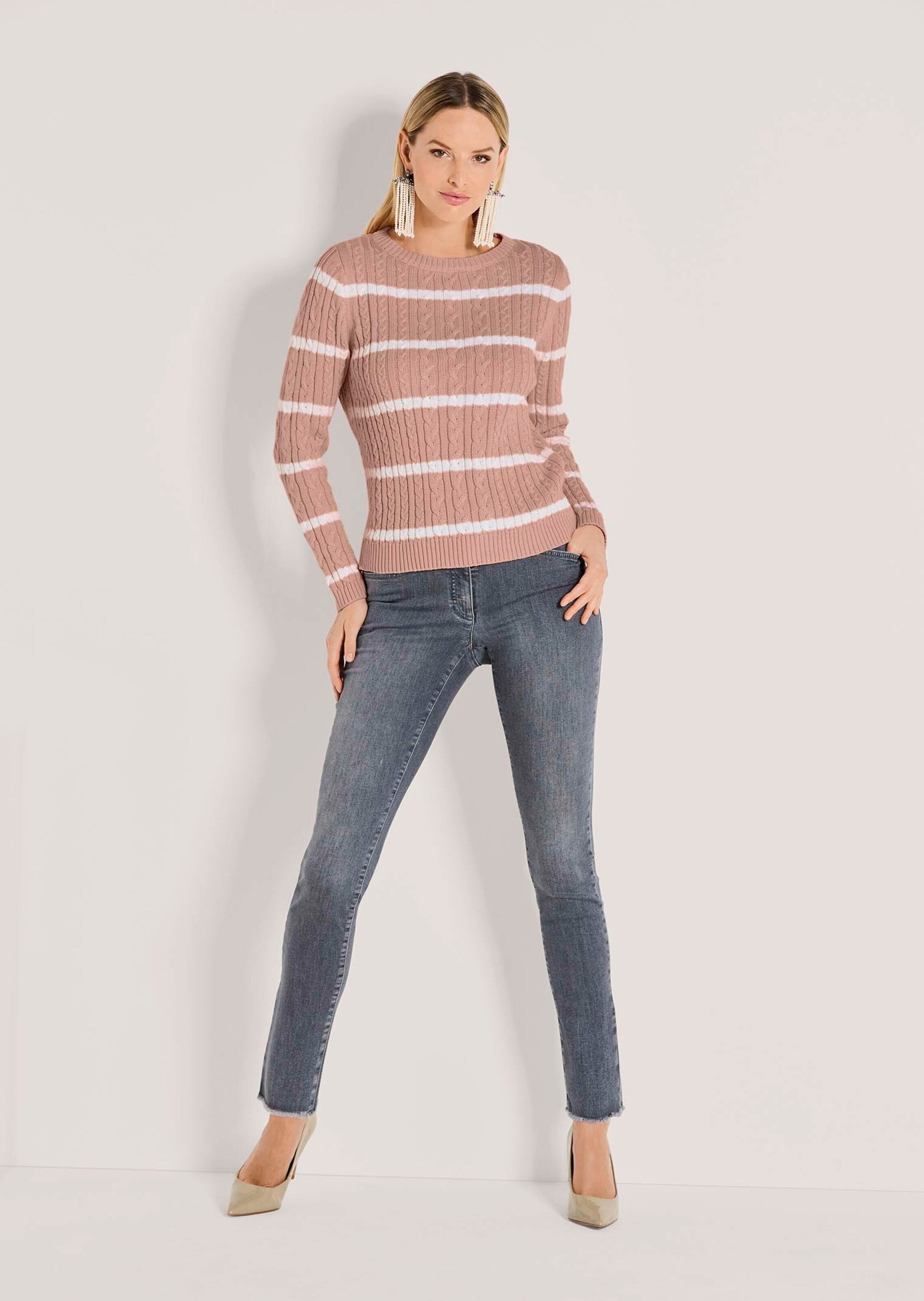 MADELEINE Longpullover »Strickpullover Moderner Baumwollpullover mit Zopfmuster und Ringel-Design« Kontraststreifen