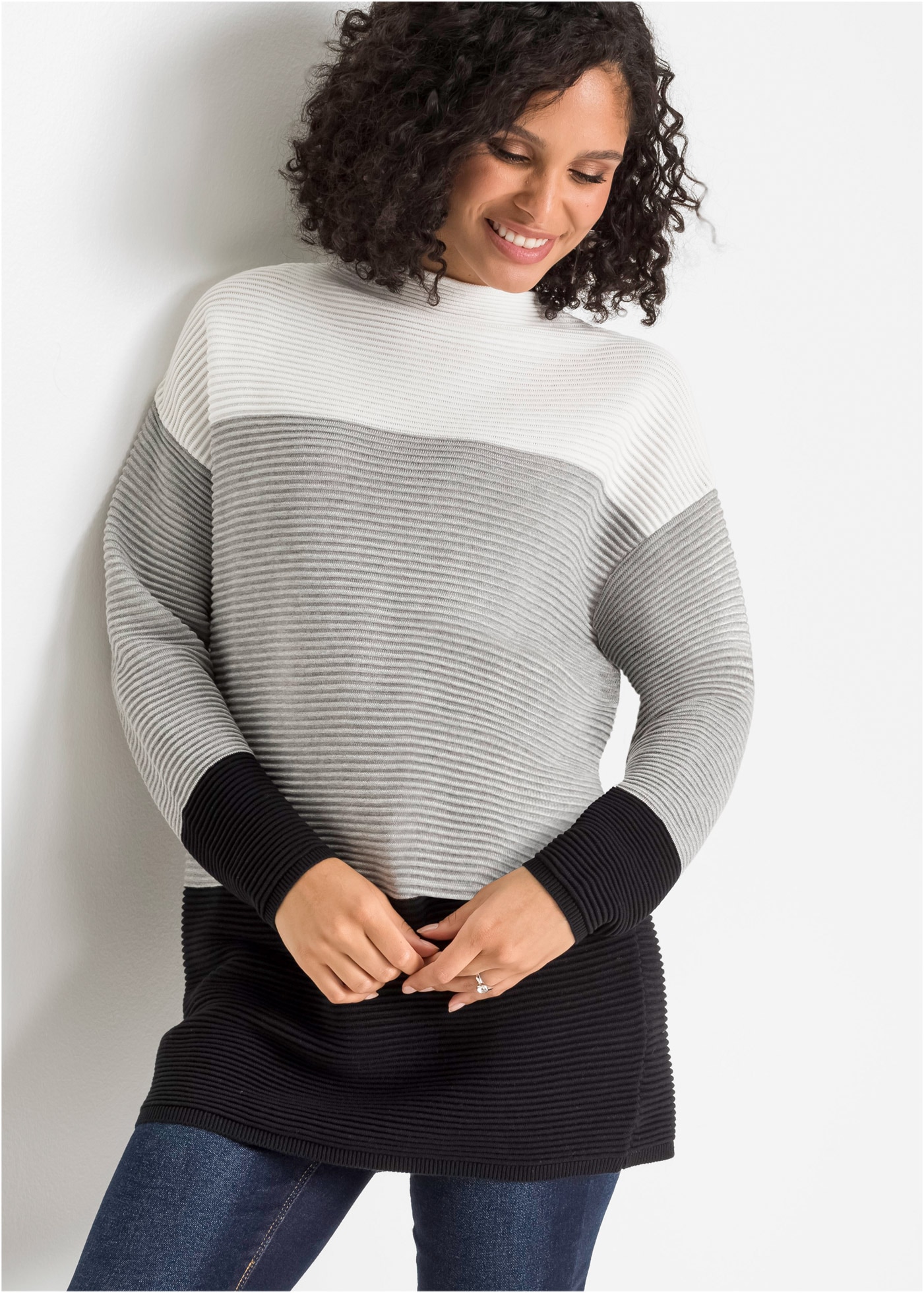 bonprix Longpullover »Gestreifter Long-Pullover« aus Baumwolle und Polyacryl, mit Stehkragen, für kühle Tage