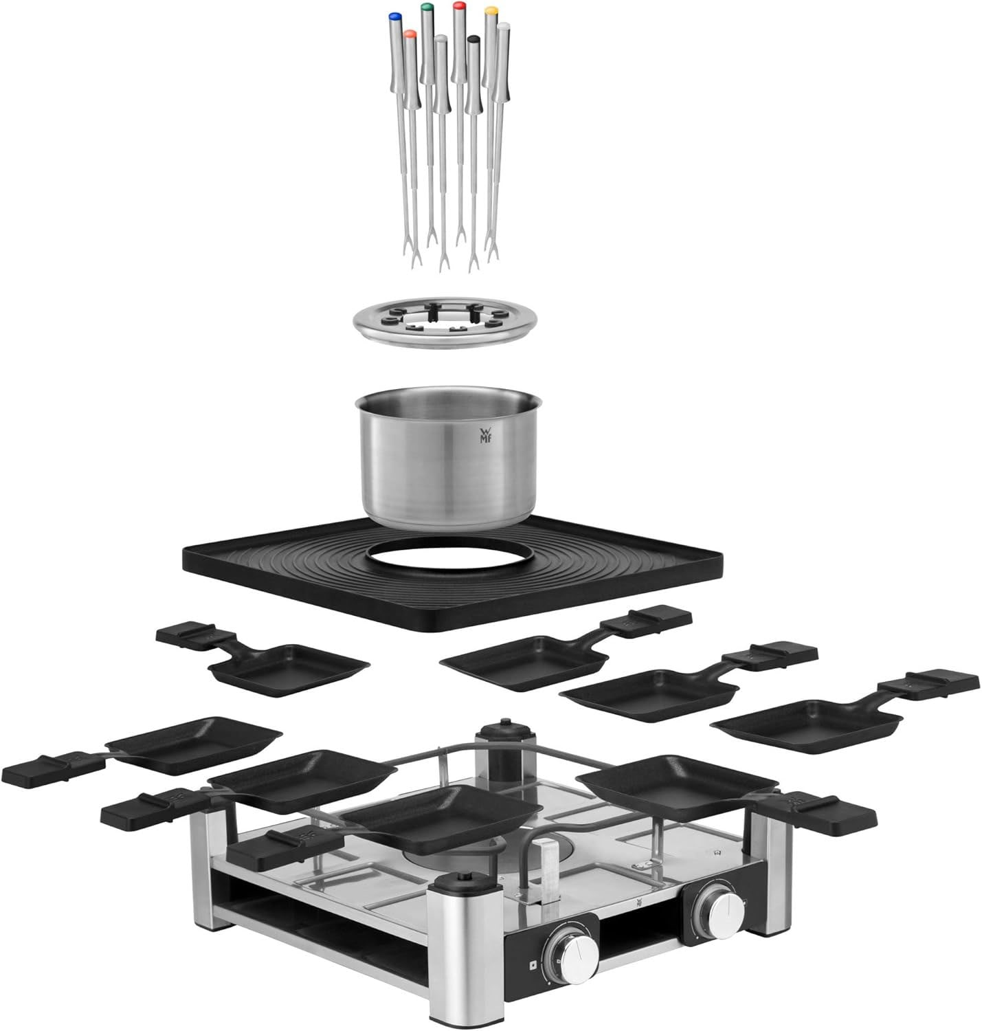WMF Raclette »Lumero Gourmet Station 3-in-1, Raclette, Fondue und Indoor-Grill« 8 Stk. Raclettepfännchen 1.800 W spülmaschinengeeignete Pfännchen/Platte, Spritzschutz, LED-Beleuchtung