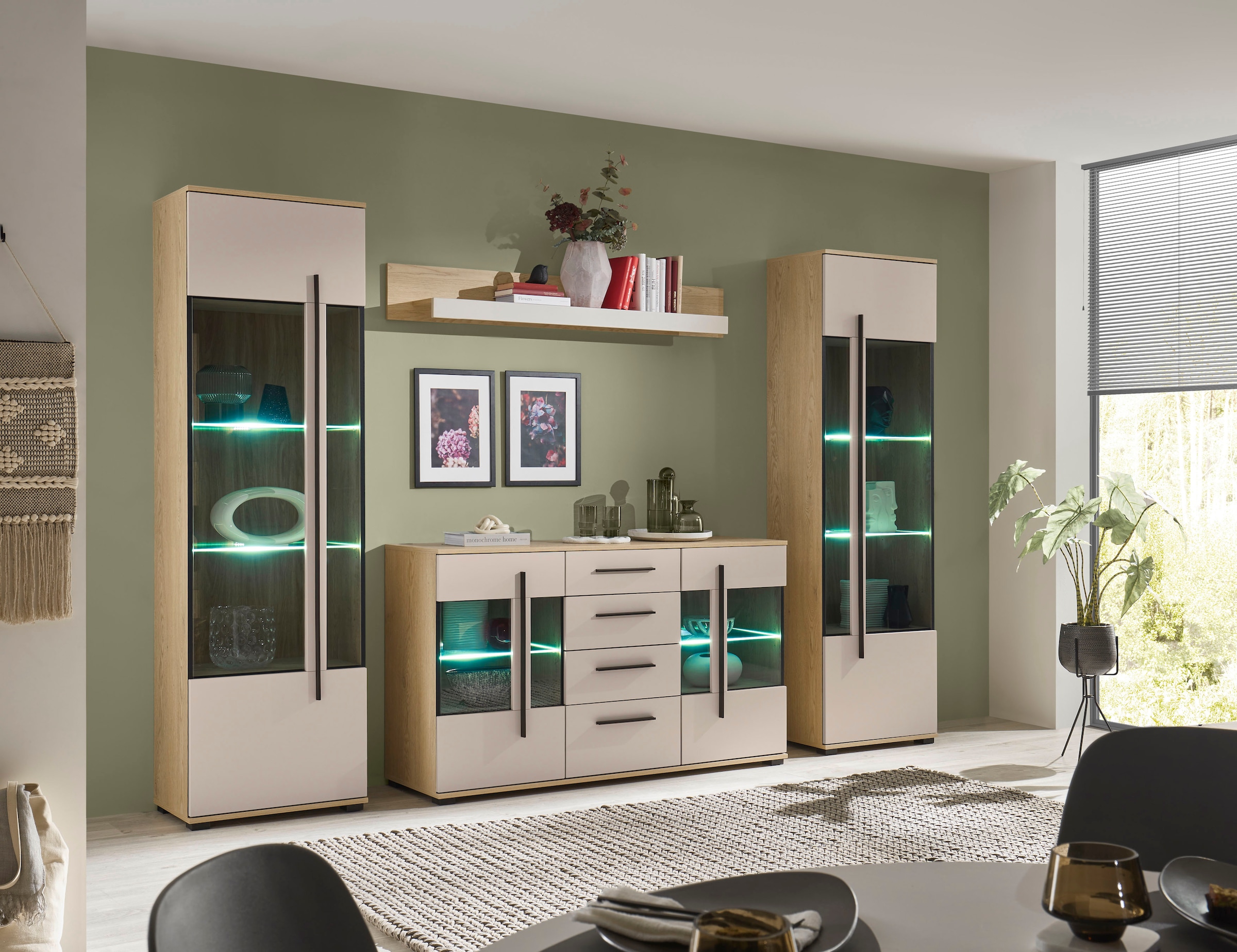 Home affaire Wohnwand »Cantara, Anbauwand, Wohnzimmer-Set, in Eiche Evoke, Weiß oder Kaschmir« Set, 4 Stk. tlg.