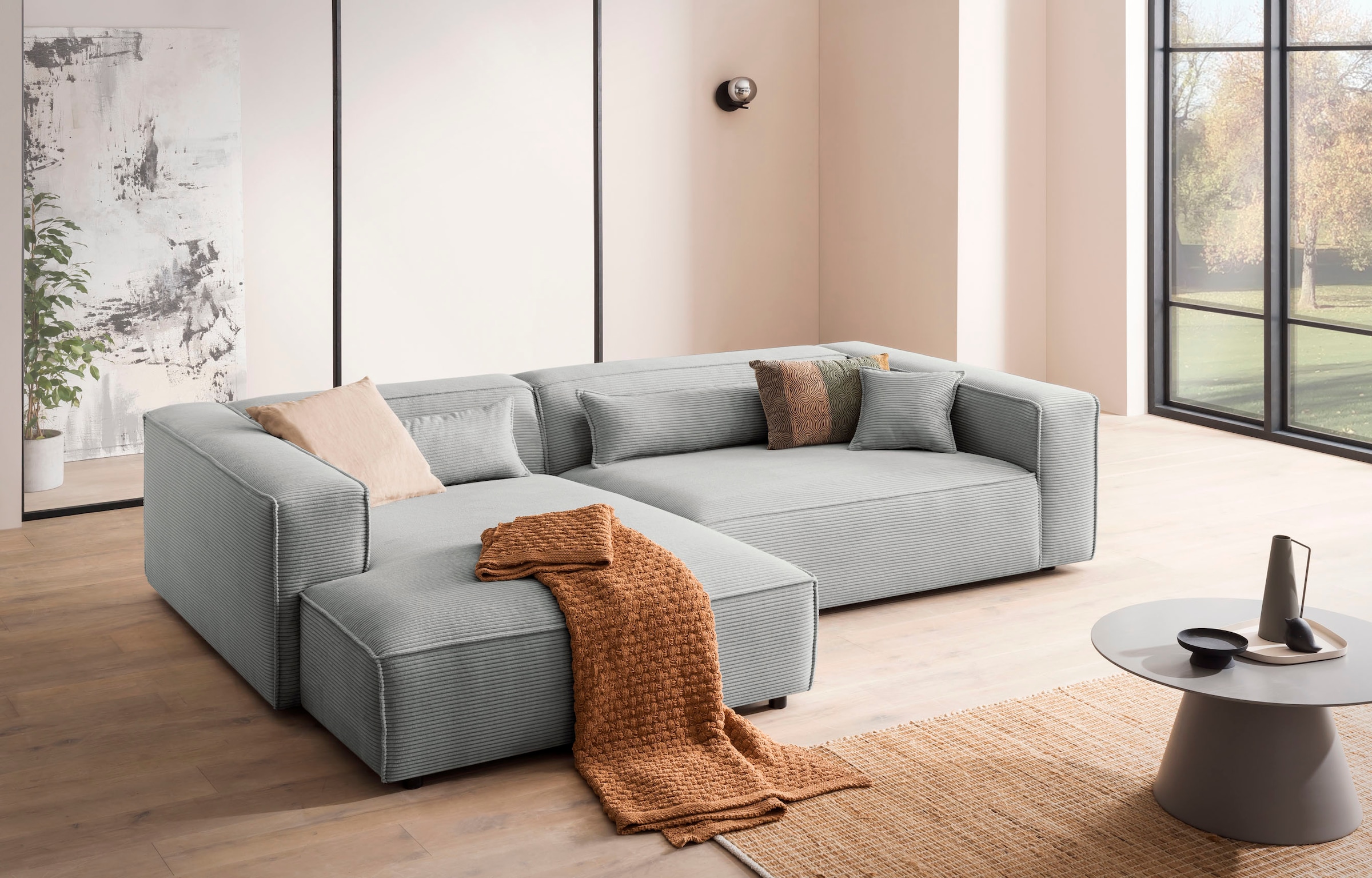 LeGer Home by Lena Gercke Ecksofa »PIARA XXL, Big-Sofa in Cord oder Leinenoptik, L-Form, mit Kedernaht«, wahlweise Ottomane rechts/links, schwarze Füße, extra tiefe Sitzfläche