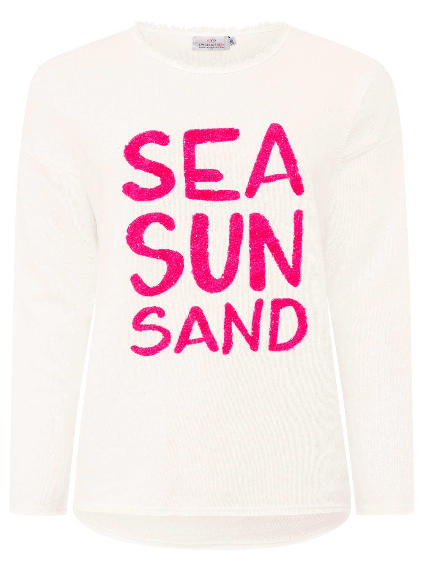 Zwillingsherz Sweater »"Sea Sand Sun"«, Flock-Print, ausgefranster Rundhalsausschnitt, Langarm