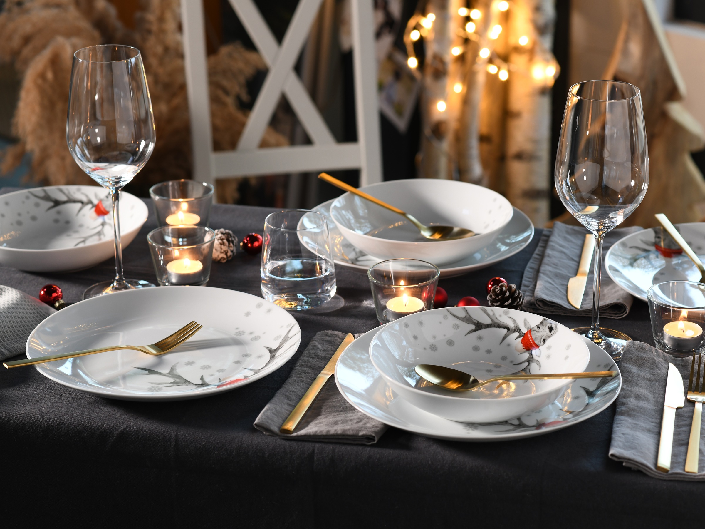 CreaTable Tafelservice »Luna Hirsch«, (Set, 12 tlg.), winterliches Hirsch-Motiv