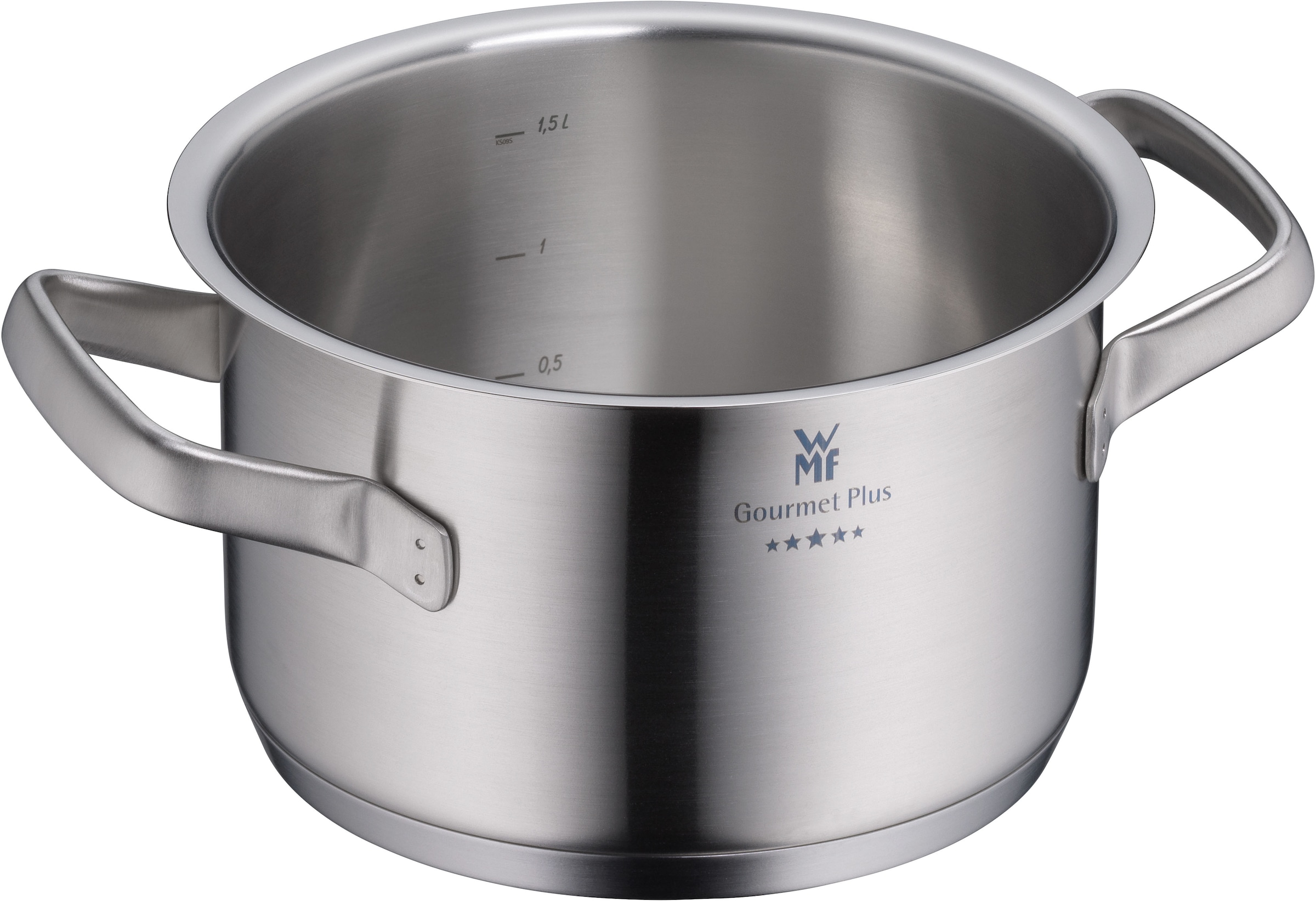 WMF Kochtopf »Gourmet Plus«, Cromargan® Edelstahl Rostfrei 18/10, (2 tlg.), wärmeduzierende Hohlgriffe, Innenskalierung, breiter Schüttrand