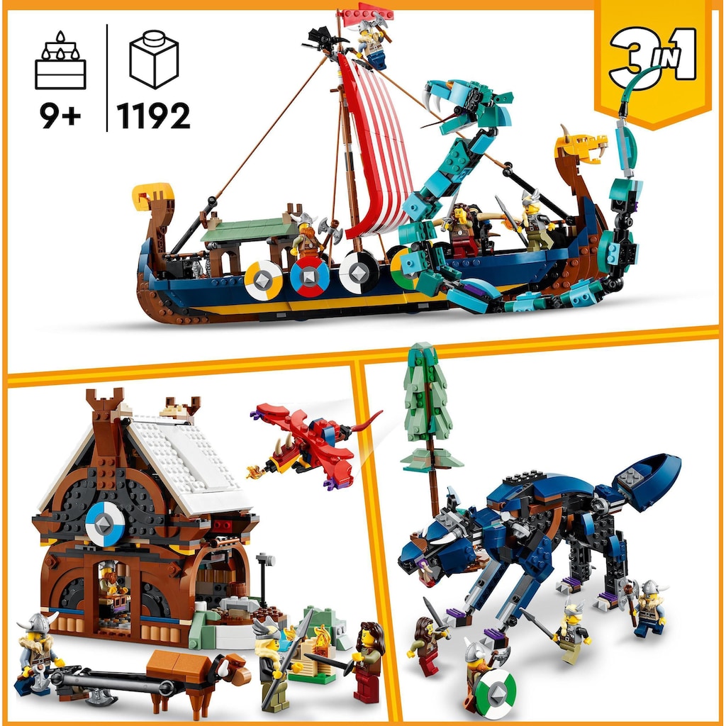 LEGO® Konstruktionsspielsteine »Wikingerschiff mit Midgardschlange (31132), LEGO® Creator 3in1«, (1192 St.), Made in Europe