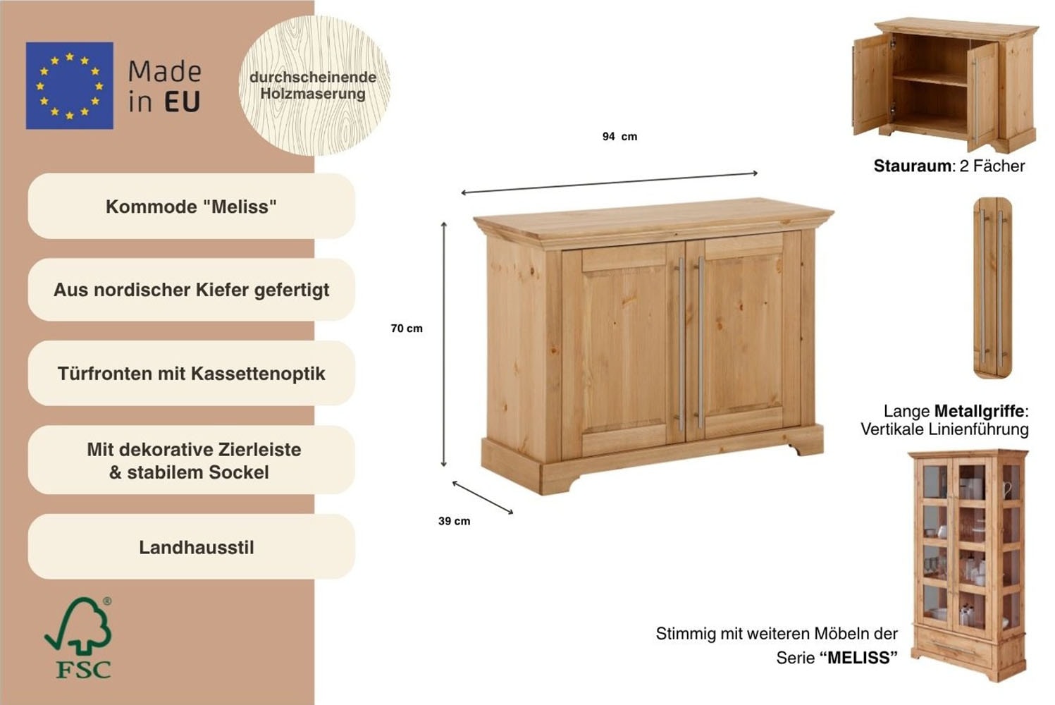 OTTO home Sideboard »Melissa« Kommode im klassischen Landhausstil, Massivholz, FSC®, Breite 94 cm