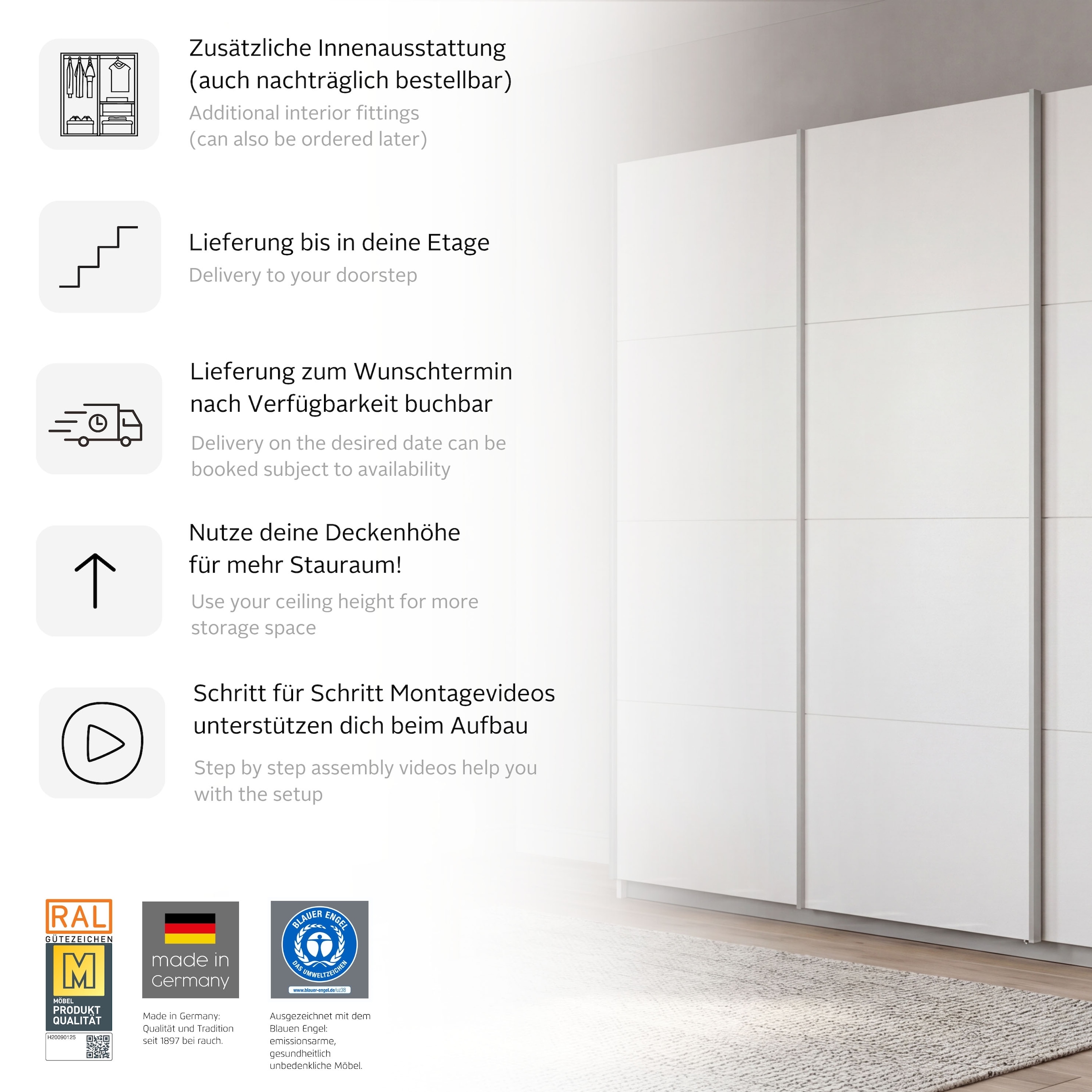 rauch Schwebetürenschrank »Kleiderschrank Schrank Garderobe KOLUNA mit Spiegel« 3 Ausstattungen BASIC/CLASSIC/PREMIUM (inkl. SOFT-CLOSE-FUNKTION),  Breiten 203/271/315/360 cm Höhen 210/229 cm MADE IN GERMANY