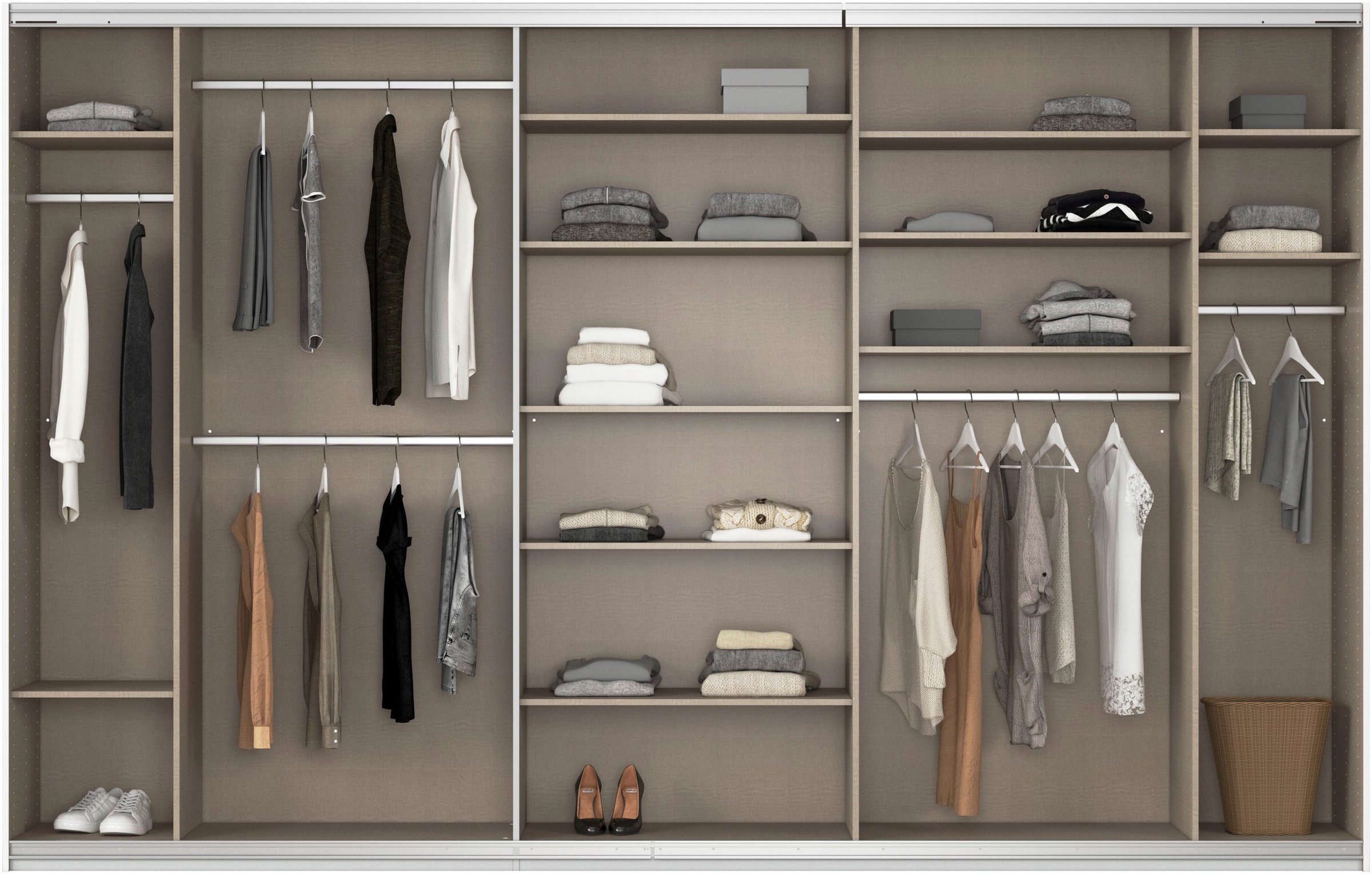 rauch Schwebetürenschrank »Kleiderschrank Schrank Garderobe AGORDO mit Dekor- oder Hochglanzfront«, (in zwei Griff-Farben), durchdachte Innenausstattung, in 4 Breiten und 2 Höhen MADE IN GERMANY