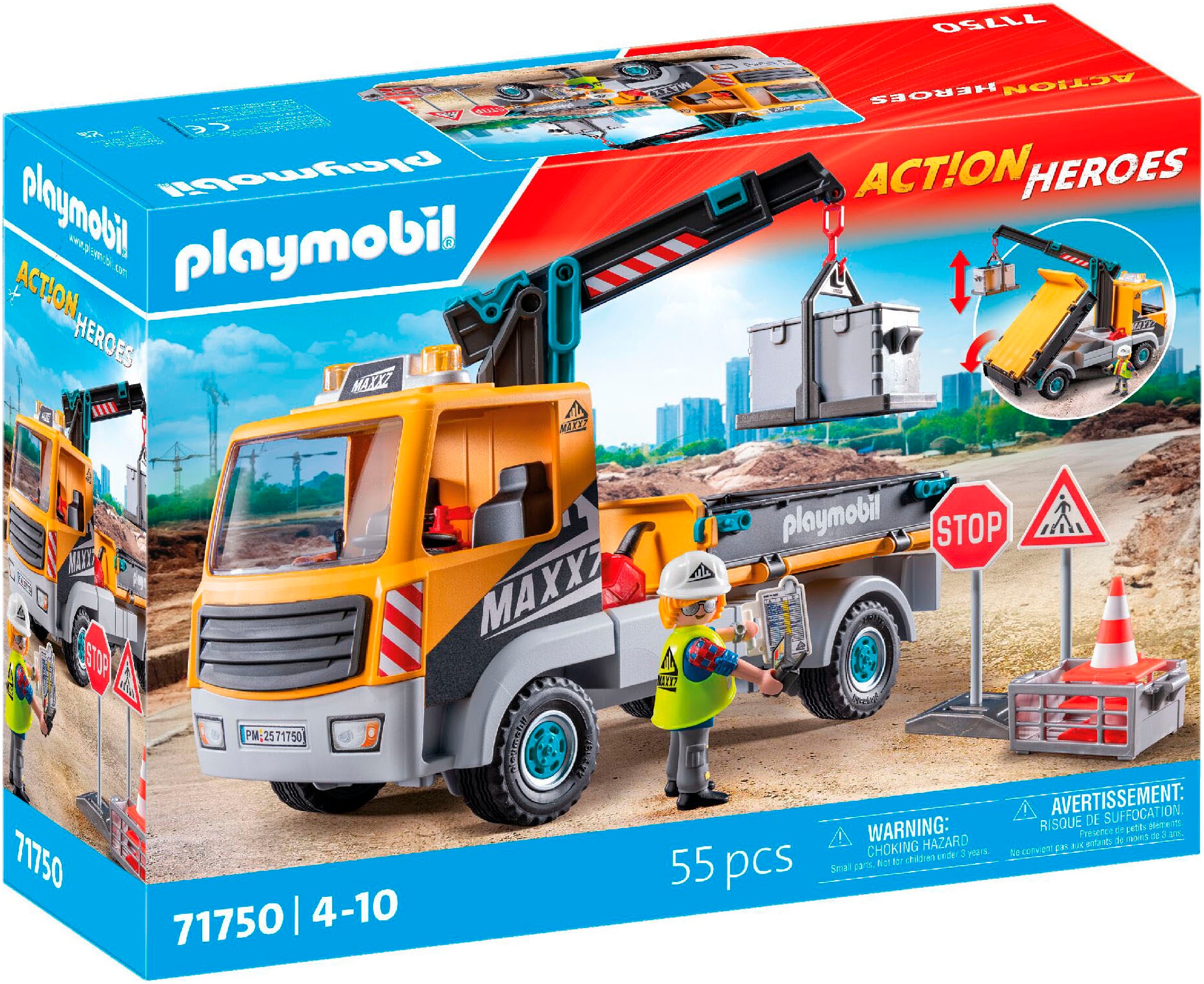 Playmobil® Konstruktions-Spielset »Baustellen-LKW mit Kran (71750), Playmobil Action Heroes«, (55 St.)