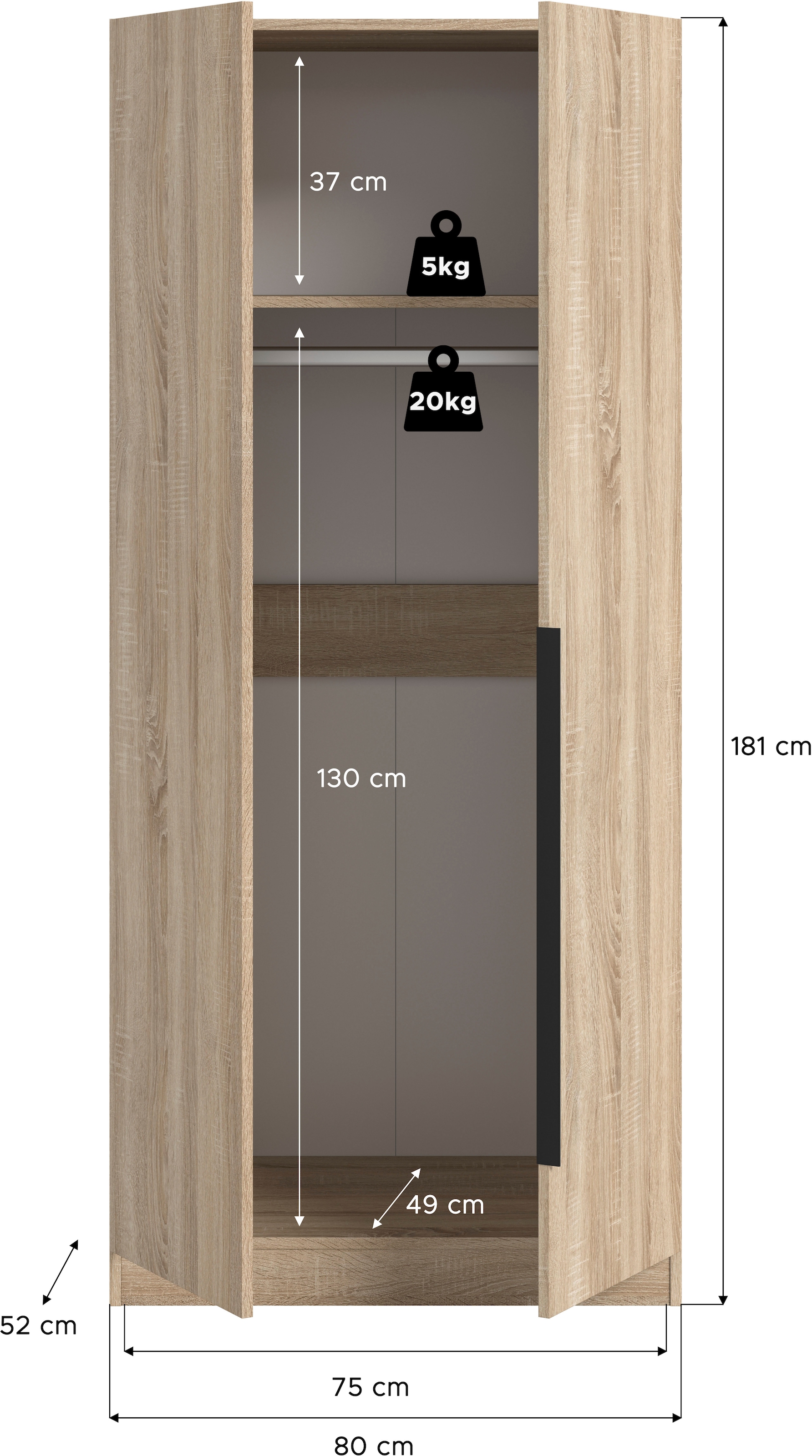 Home affaire Kleiderschrank »Skarde Schlafzimmerschrank, Garderobe, Schrank, Bestseller«, (Otto Bestseller Garderobe Schlafzimmerschrank), Breite: 80 cm, Sonoma Eiche NB, Kleiderstange