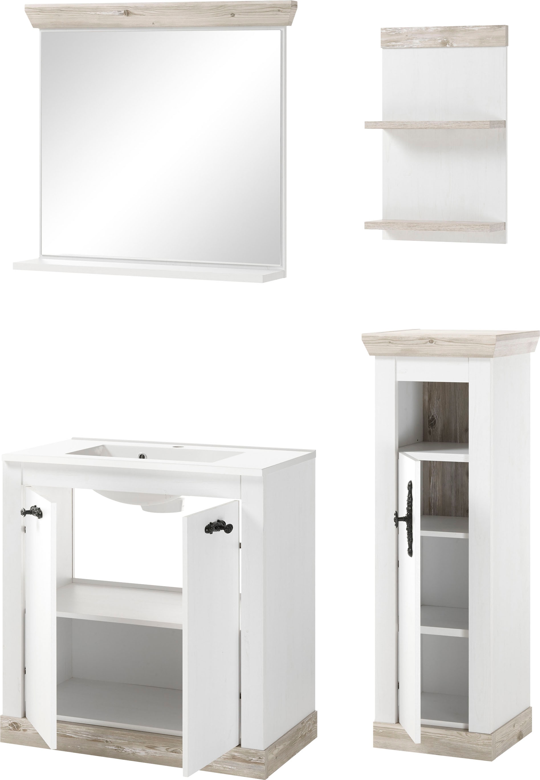 Home affaire Badmöbel-Set »Florenz, Bad im Landhausstil, 4-teiliges Badezimmer«, (4 St.), Waschtisch, Schrank, Wandregal und Spiegel, in Pinie Weiß, Stauraum