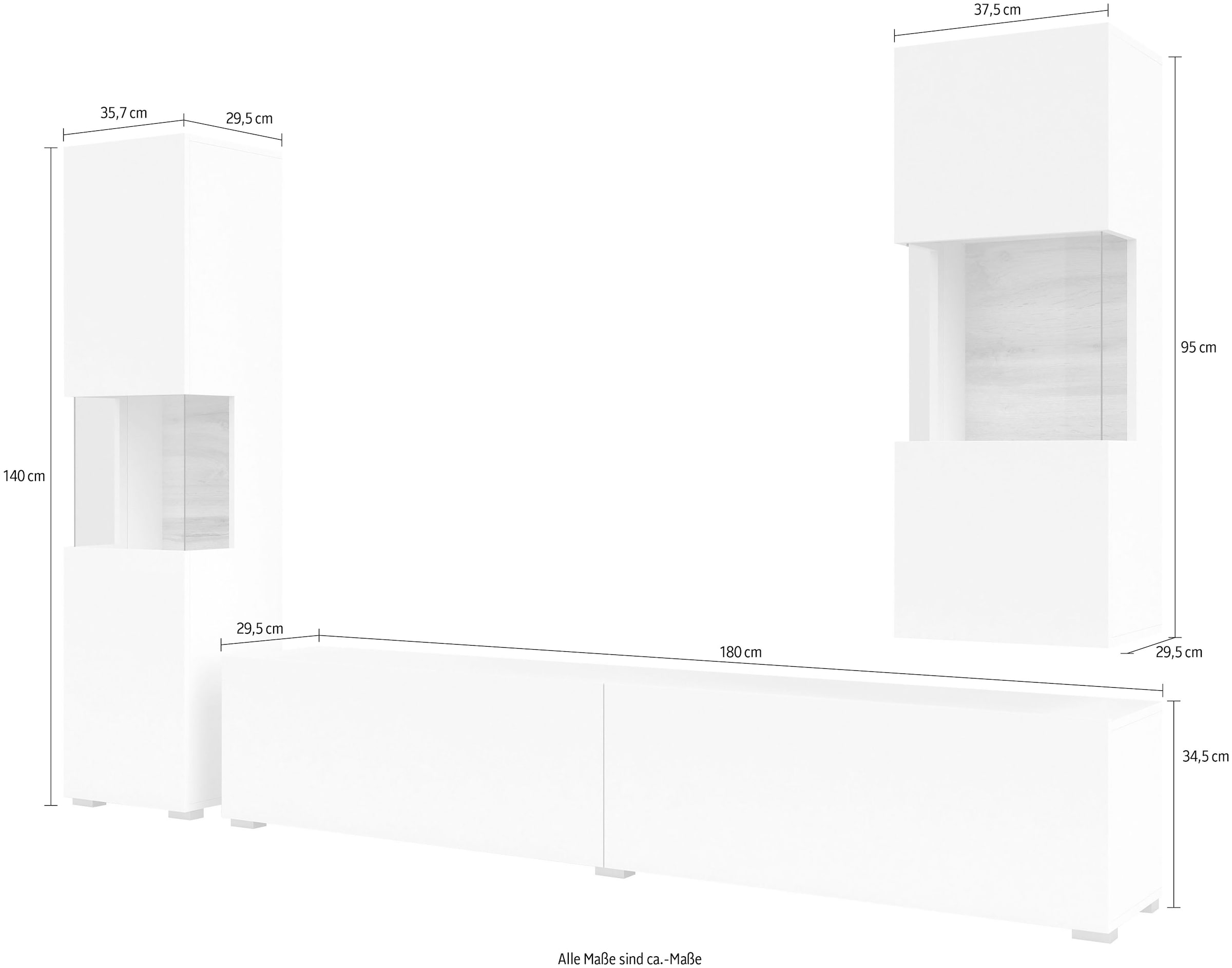 INOSIGN Wohnwand »Ava, Wohnzimmer-Set hängend/stehend montierbar, Vitrine, Lowboard«, 3-tlg.