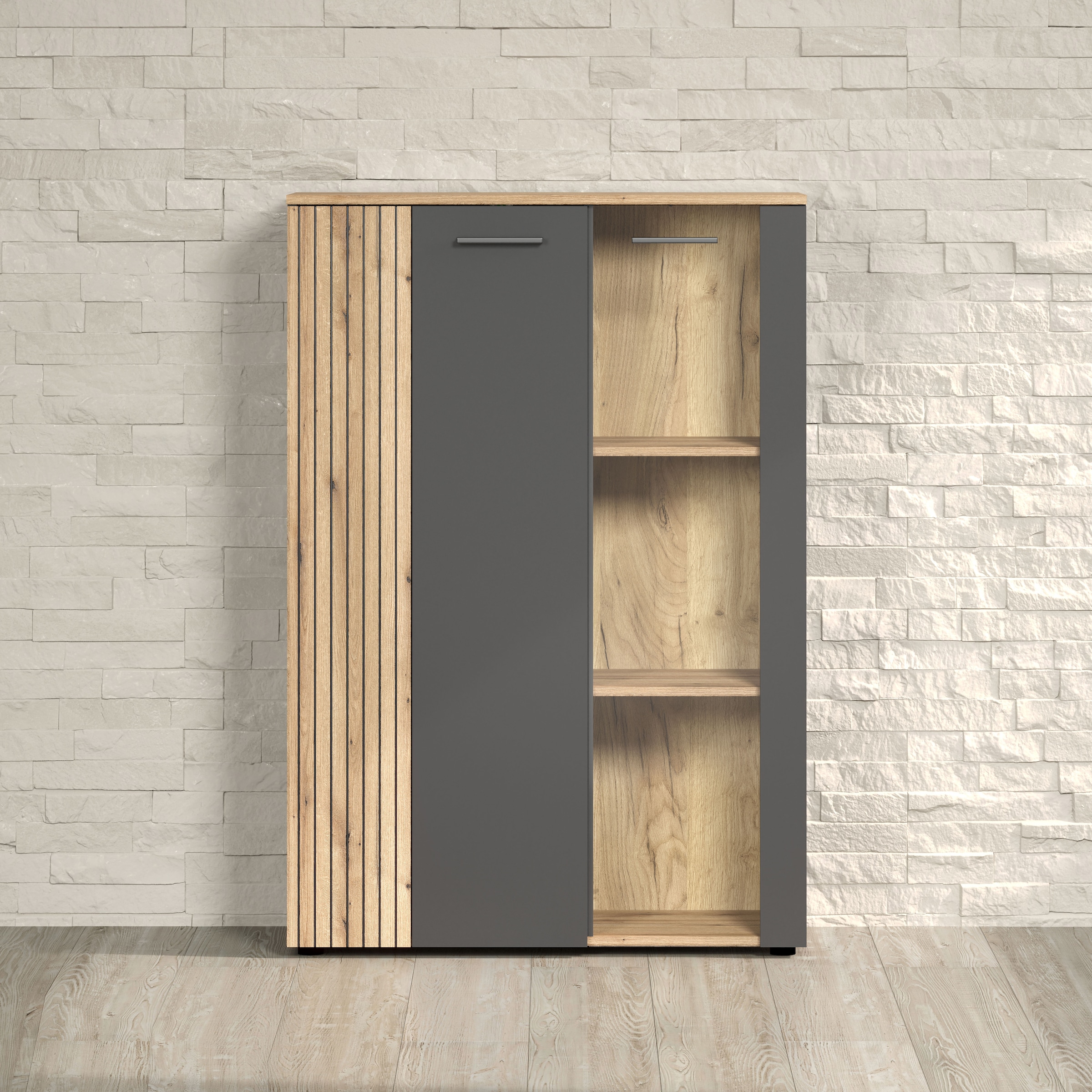 INOSIGN Highboard »Estepona«, (1 St.), Vitrine, Tür mit Rillen-Optik, Breite 91 cm