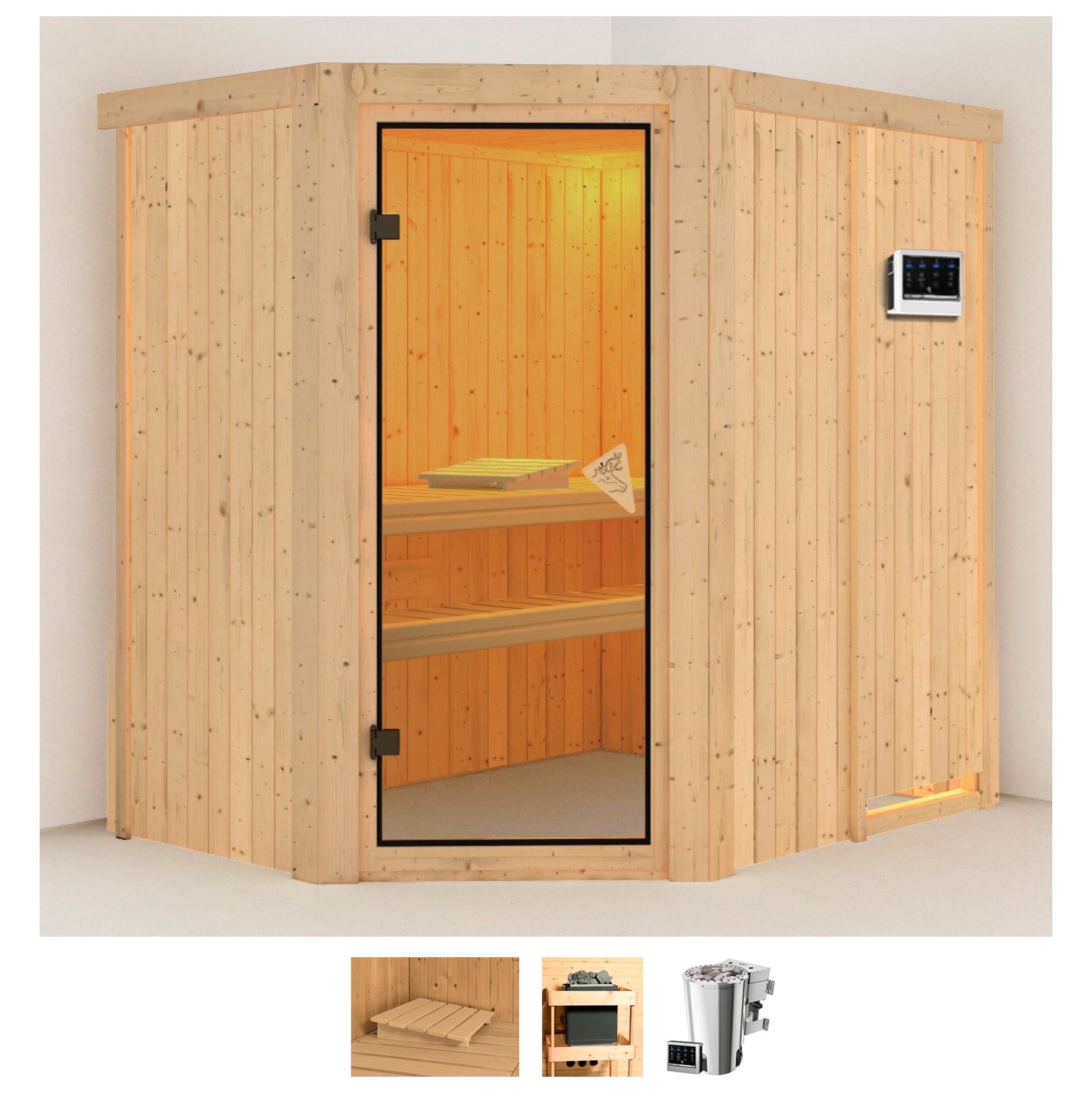 Karibu Sauna »Swantje«, (Set), 3,6-kW-Plug & Play Bio-Ofen mit externer Steuerung