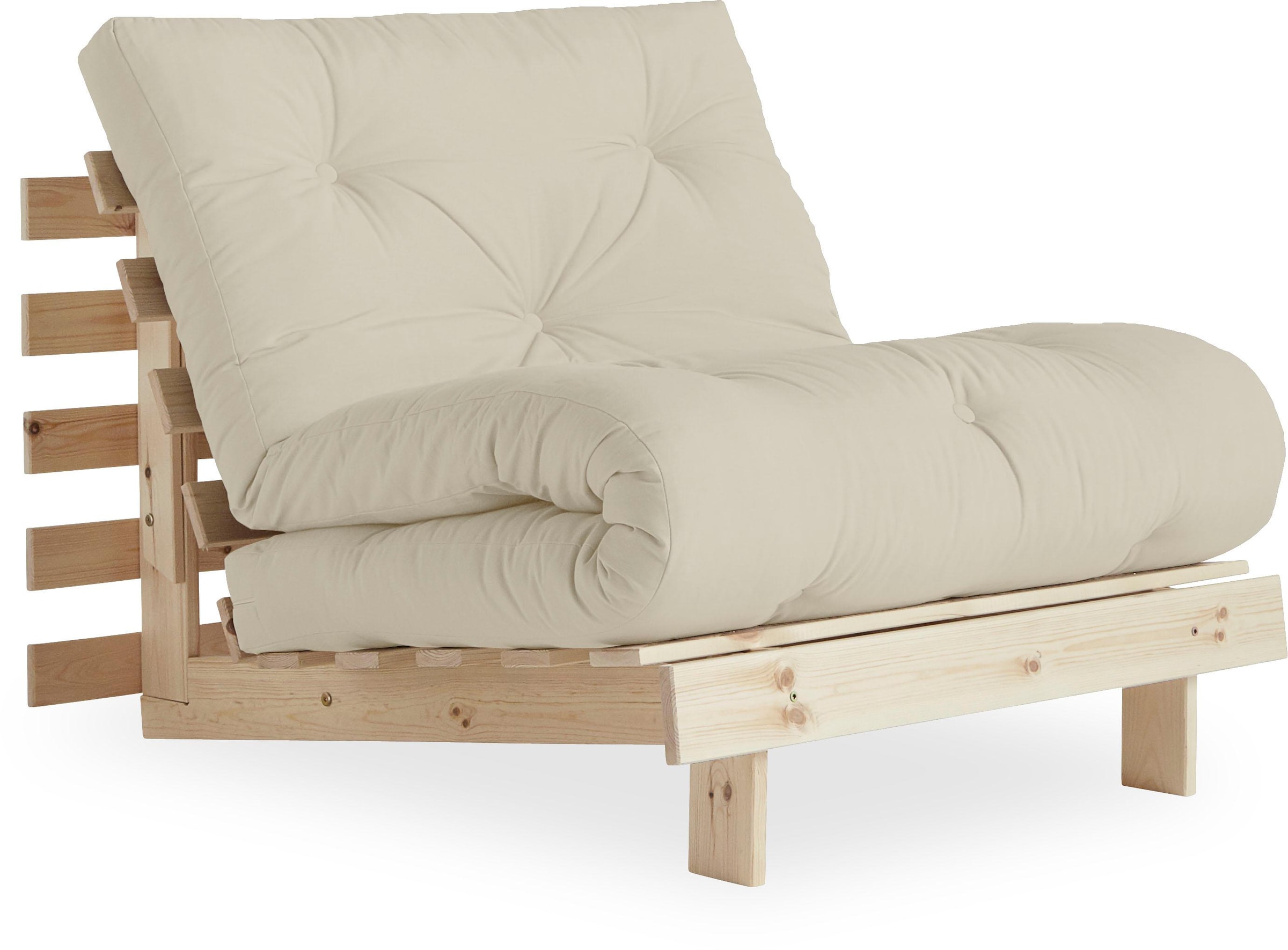 Karup Design Daybett »Daybett Roots Schlafsofa – Gästebett & Sofa aus FSC -Kiefer« Inkl. Futonmatratze in beige, Größe Liegefläche B/L: 90 cm x 200...
