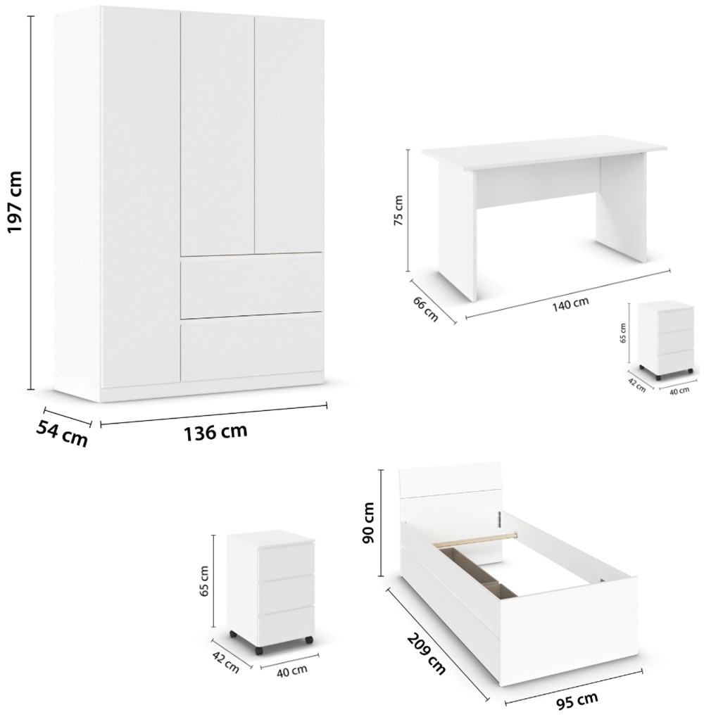 rauch »Komplettzimmer Schlafzimmer-Set (5-St.) Jugendzimmer-Set JOEL« Set, Bett 90x200 oder 140x200 cm, Ausstattungspakete BASIC/CLASSIC/PREMIUM, 5 Stk. tlg. Bett 2 Breiten,Nachttisch,Tisch,Rollcontainer,Schrank MADE IN GERMANY