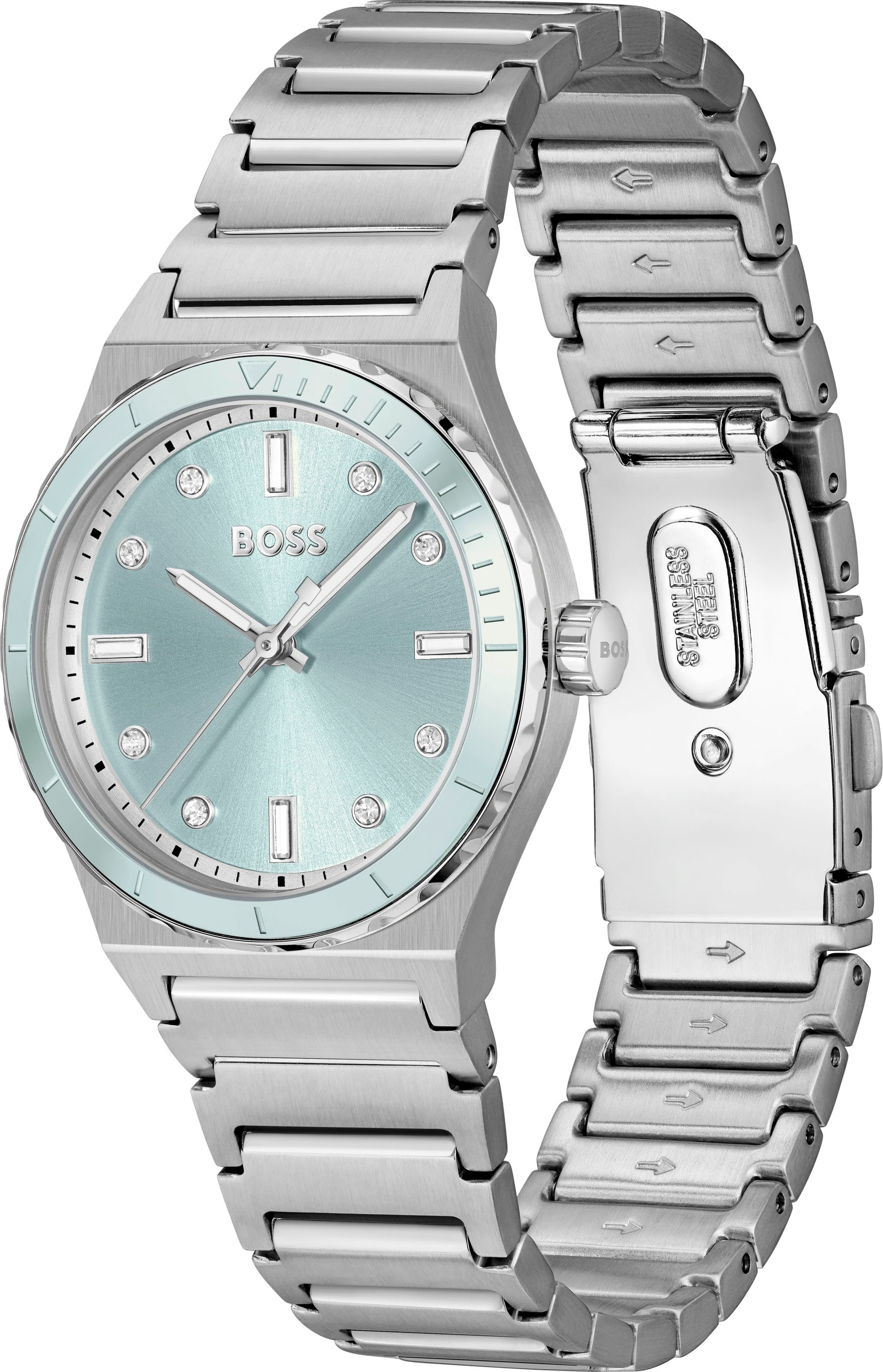 BOSS Quarzuhr »CANDOR LADIES SPORT« Armbanduhr, Damenuhr, Edelstahlarmband, analog, Glassteine
