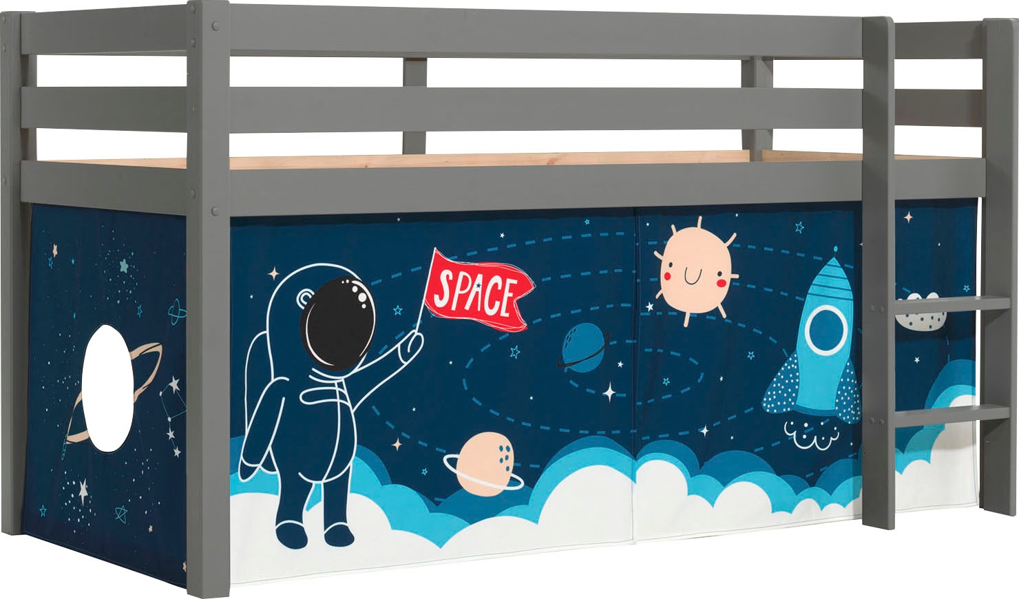 Vipack Spielbett »Vipack Pino«, (Made in Europe), mit Textil-Set, inkl. Rolllattenrost, in Natur, Weiß oder Grau