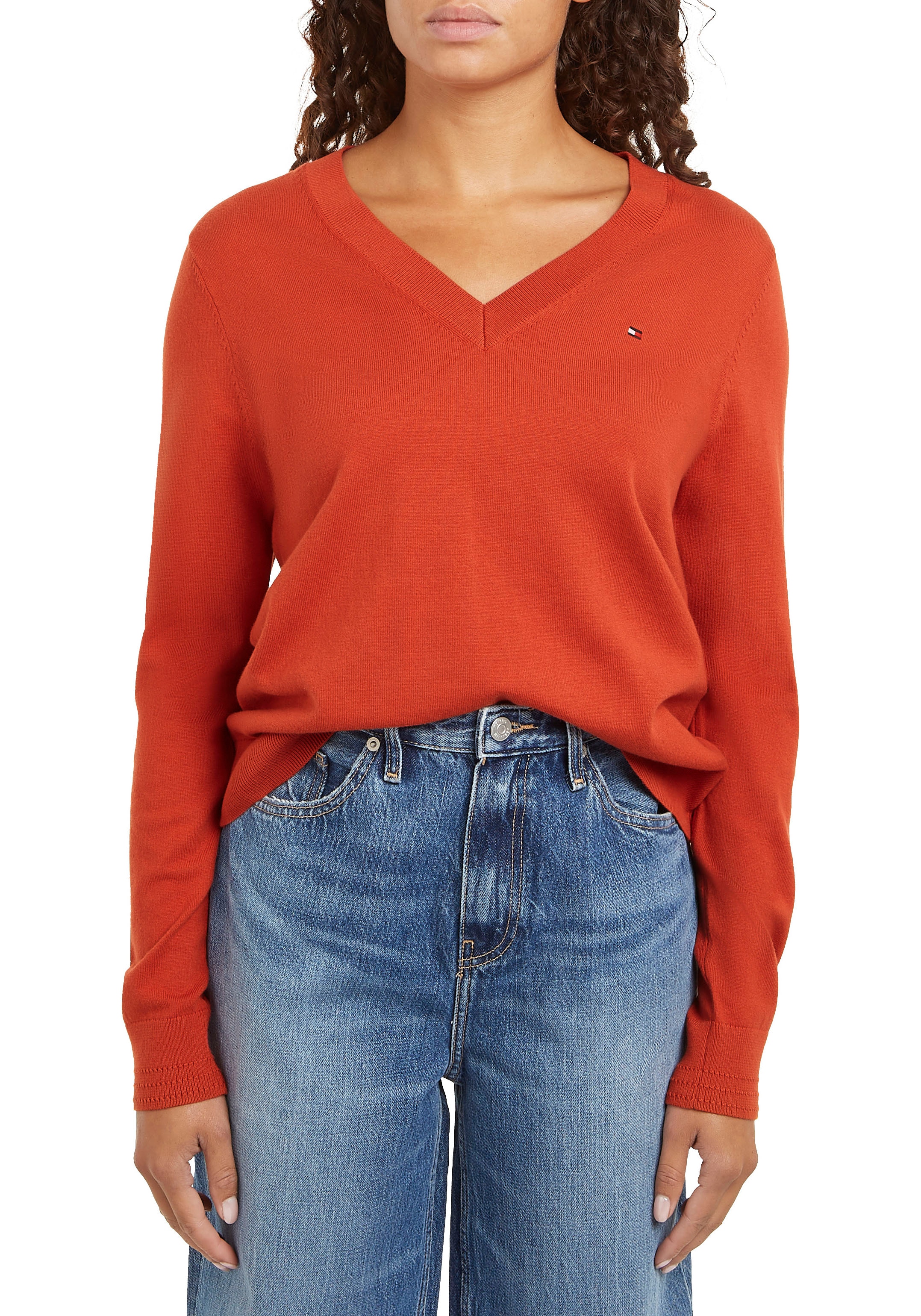 Tommy Hilfiger V-Ausschnitt-Pullover »CO JERSEY STITCH V-NK SWEATER mit V-Ausschnitt und Ripp«, unifarben, casual, regular fit, Baumwollmix, V-Ausschnitt